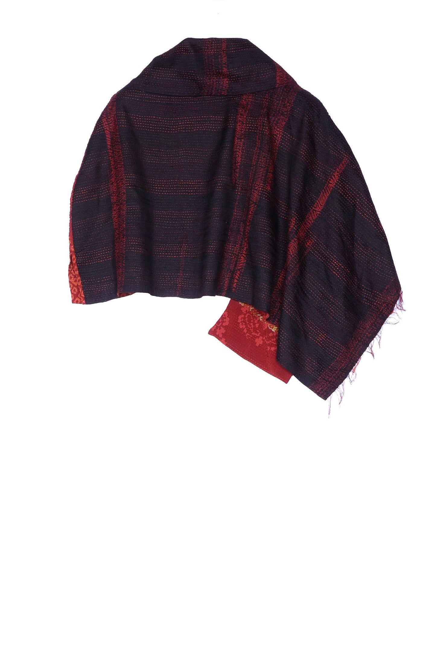 KIMONO PRINT KANTHA COWL NECK CAPE - kp2807-red -