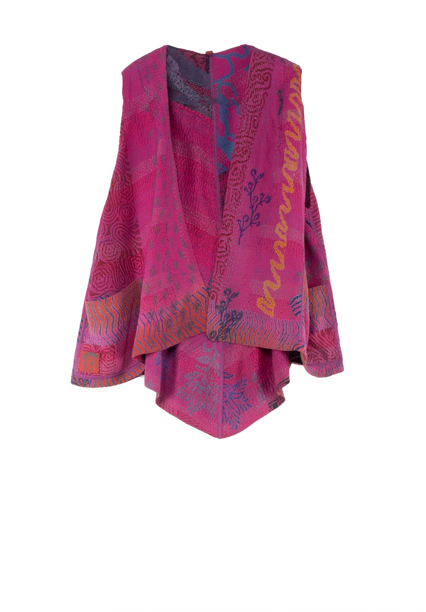 GEORGETTE VINTAGE SILK PATCH KANTHA BELL SHAPE SHORT VEST - gs2227-pik -