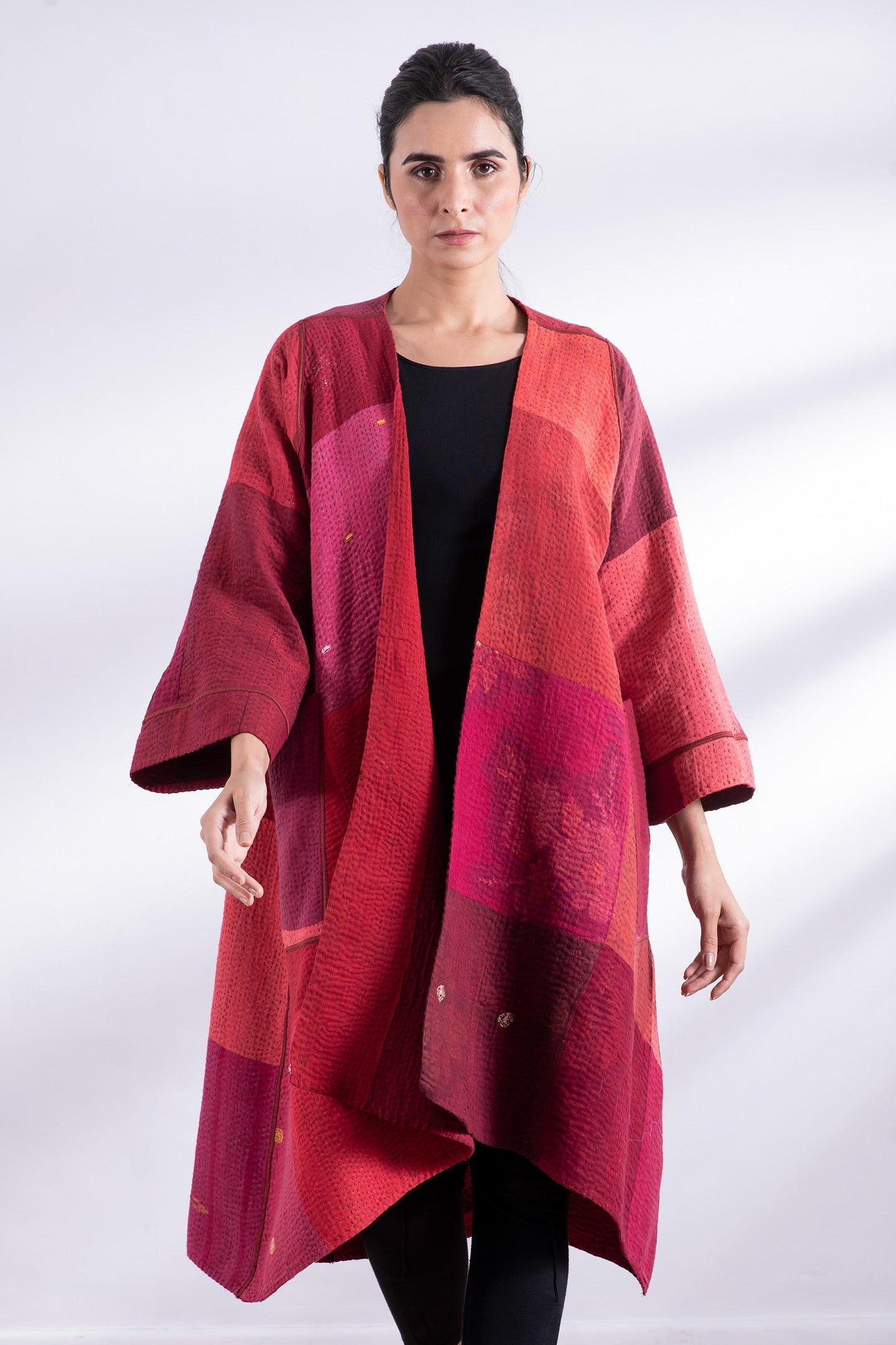STRIPE AND CHECK COTTON SILK PATCH KANTHA WRAP FLARE COAT - ss4330-red -