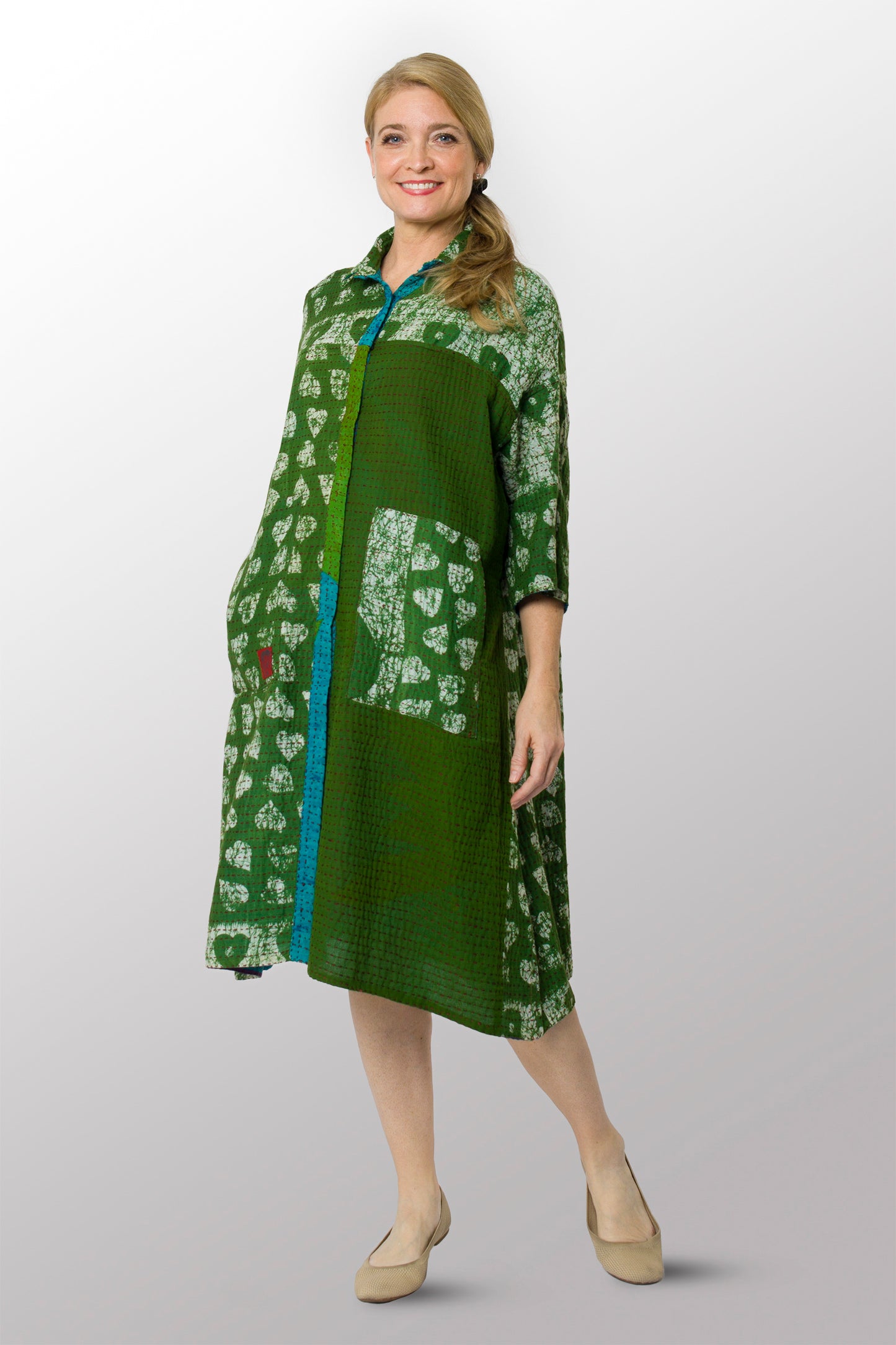 VINTAGE COTTON BBK KANTHA 3/4 SLV. SHIRT DRESS - bb2459-0001s -