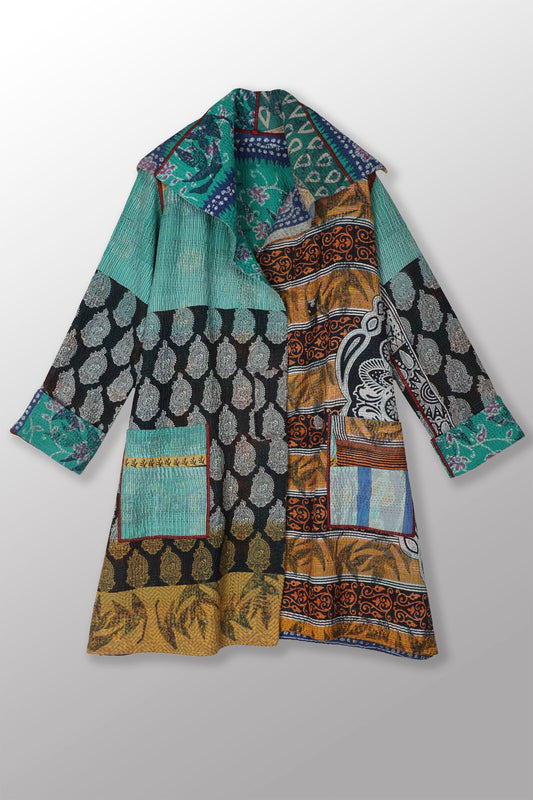 VINTAGE COTTON KANTHA POCKET MEDIUM COAT - cv4316-0033a -