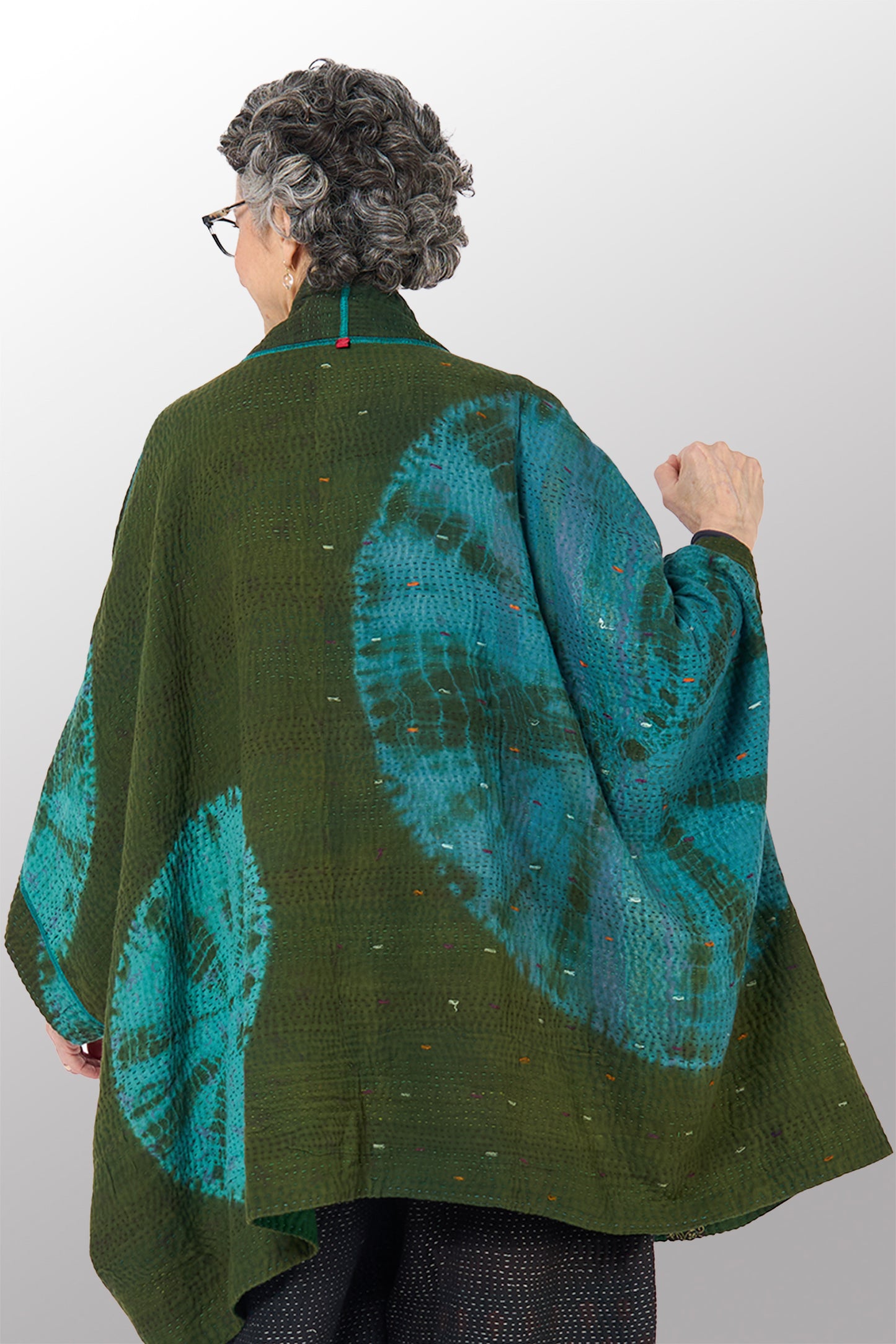 SHIBORI TIE DYE COTTON SILK SW PATCH KANTHA DOUBLE COLLAR PONCHO - st-ws4323-grn -