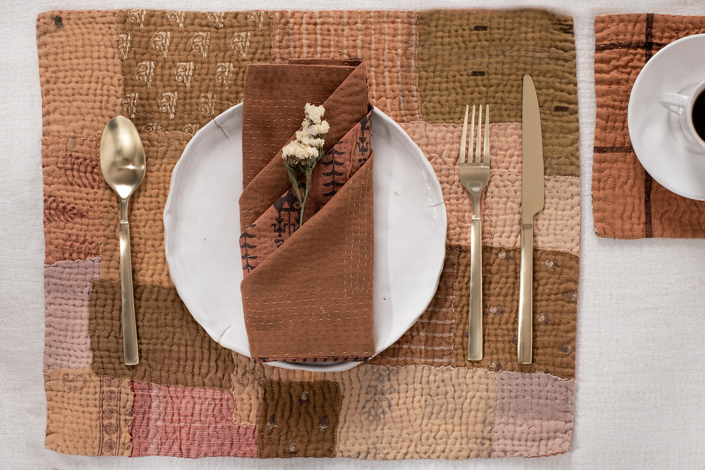 Mosaic Fray Vintage Kantha Placemat -Mushroom -(Set of 2)