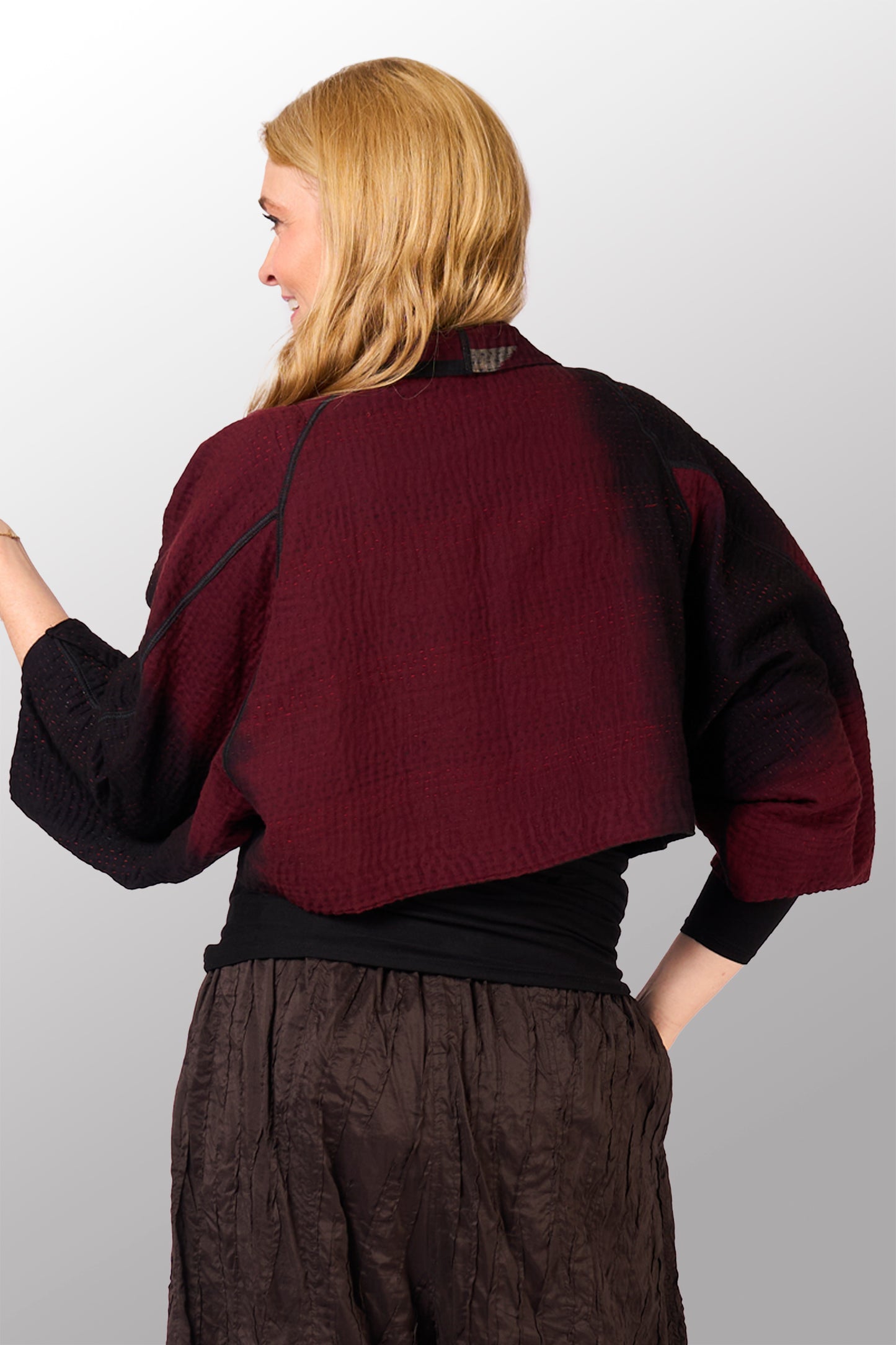 WOVEN HANDLOOM IKAT WITH OMBRE KANTHA PUFF SLV. SHRUG - wh4062-red -