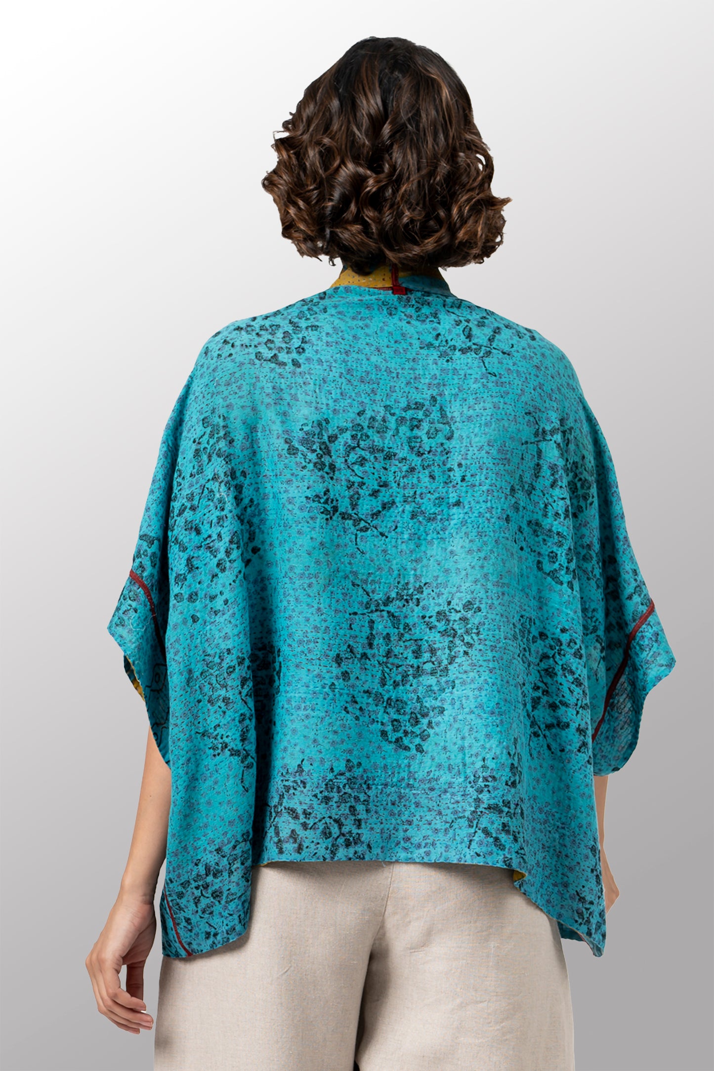 VINTAGE SILK GEORGETTE COTTON KANTHA MINI PONCHO - gc2060-0001a -