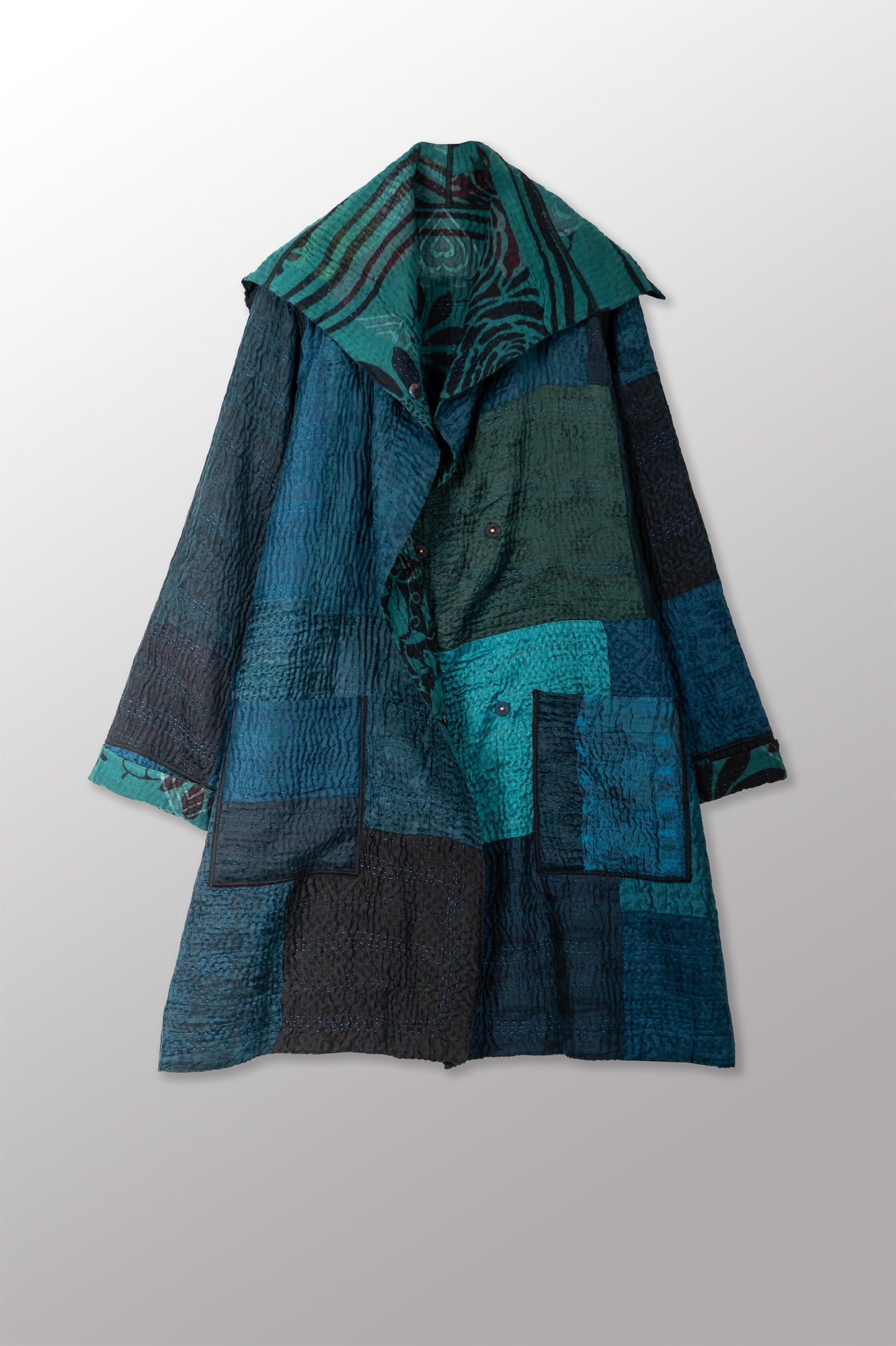 EMERALD GREEN KANTHA POCKET MEDIUM COAT - eg4316-tel -
