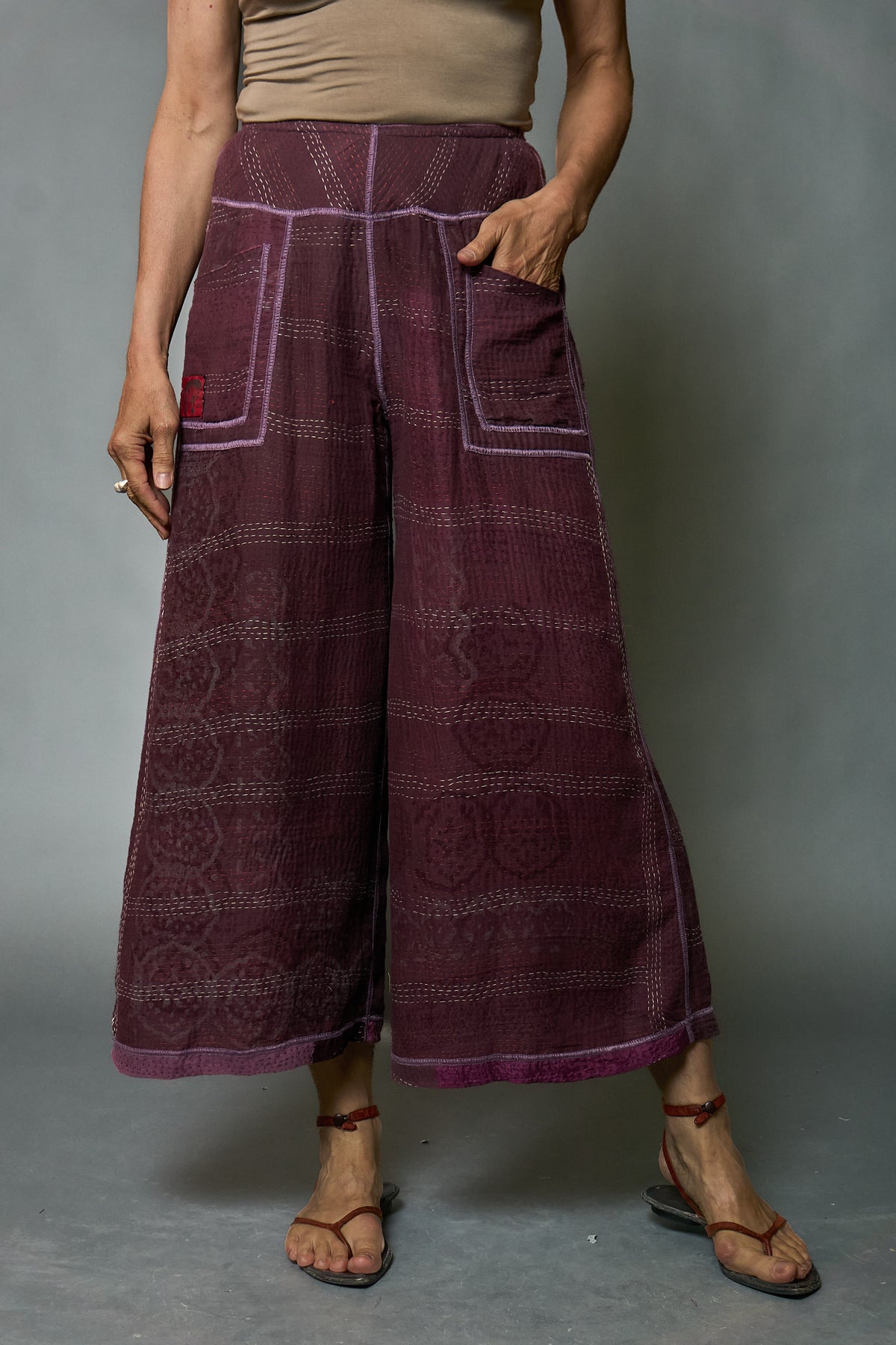 MOSAIC FRAY PATCH KANTHA MID RISE WIDE LEG PANTS - zb2665-prp -
