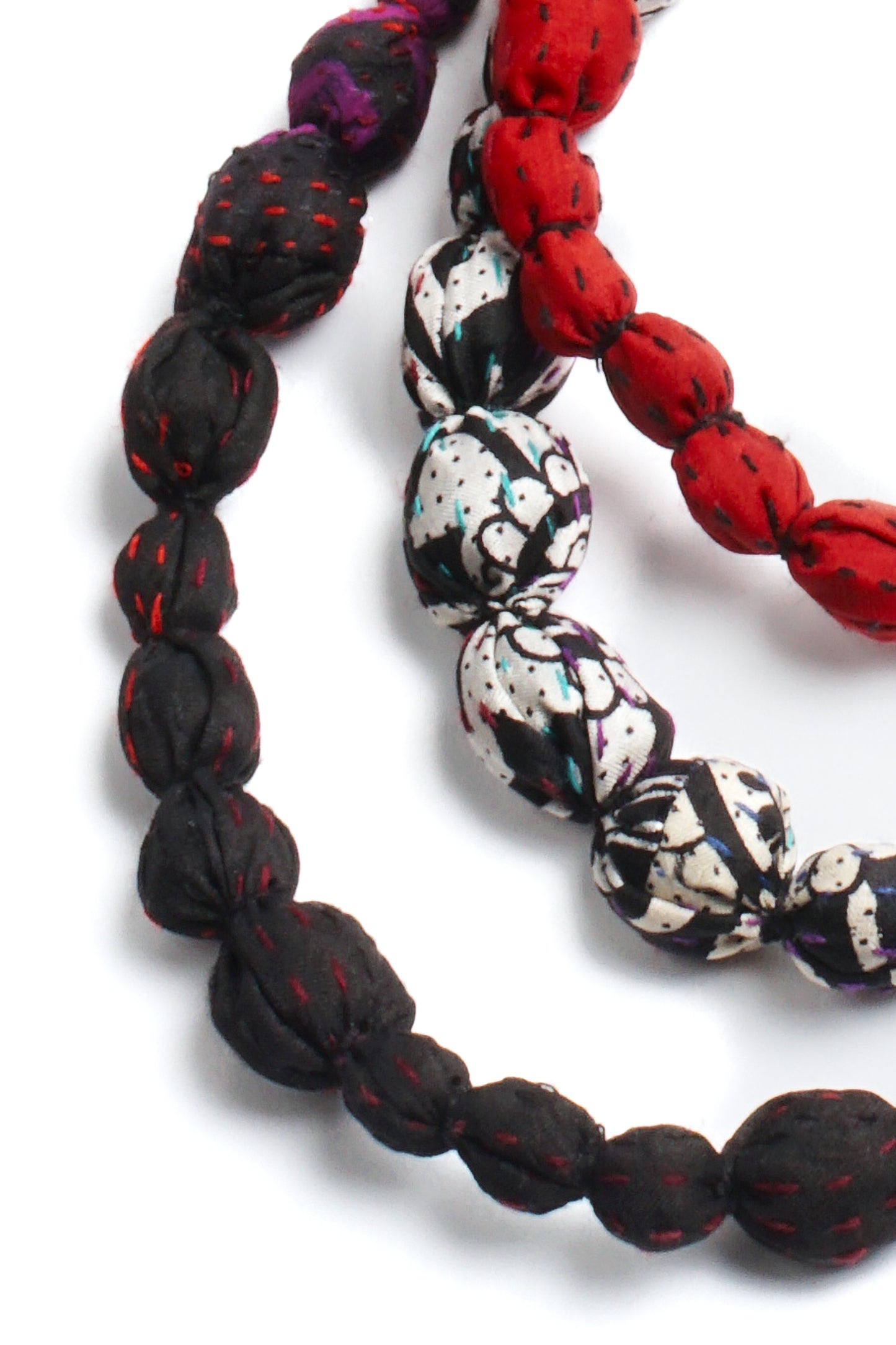 VINTAGE SILK KANTHA TIE-BEADS LONG NECKLACE - sv2707-blk -