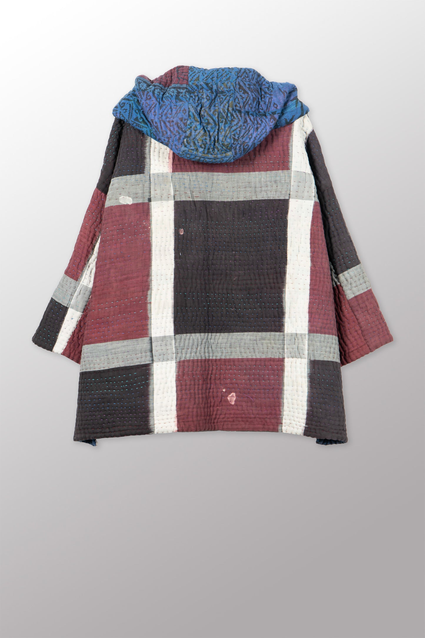 QUILTED OVERDYE COTTON KANTHA HOODIE PONCHO - oq5064-cblu004a -