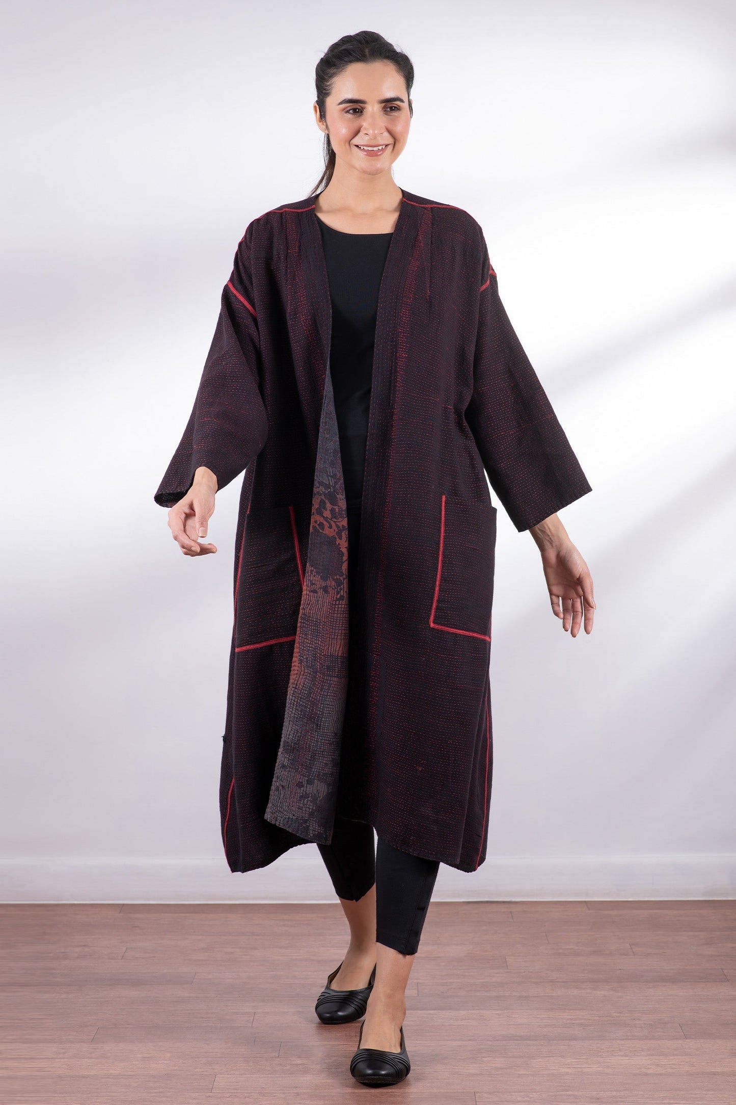 MONOTONE TWILIGHT PRINT KANTHA LONG DUSTER - tp2328-red -