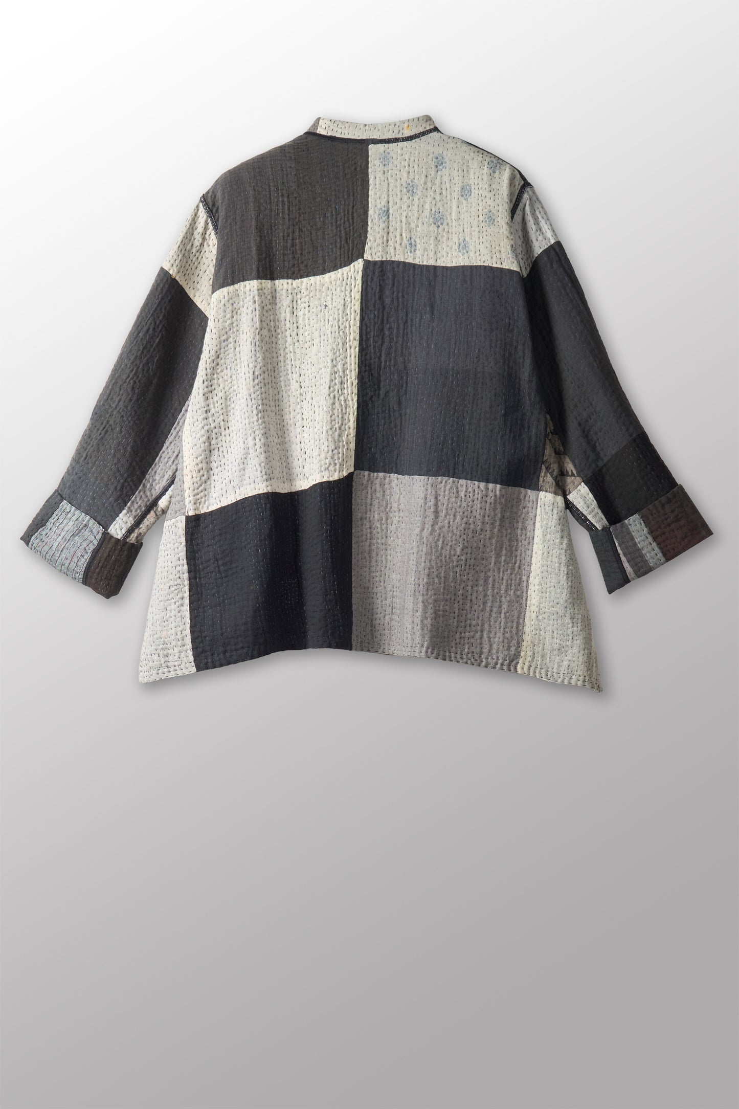 STRIPE AND CHECK COTTON SILK PATCH KANTHA KAFTAN JACKET SHORT - ss4088-blk -