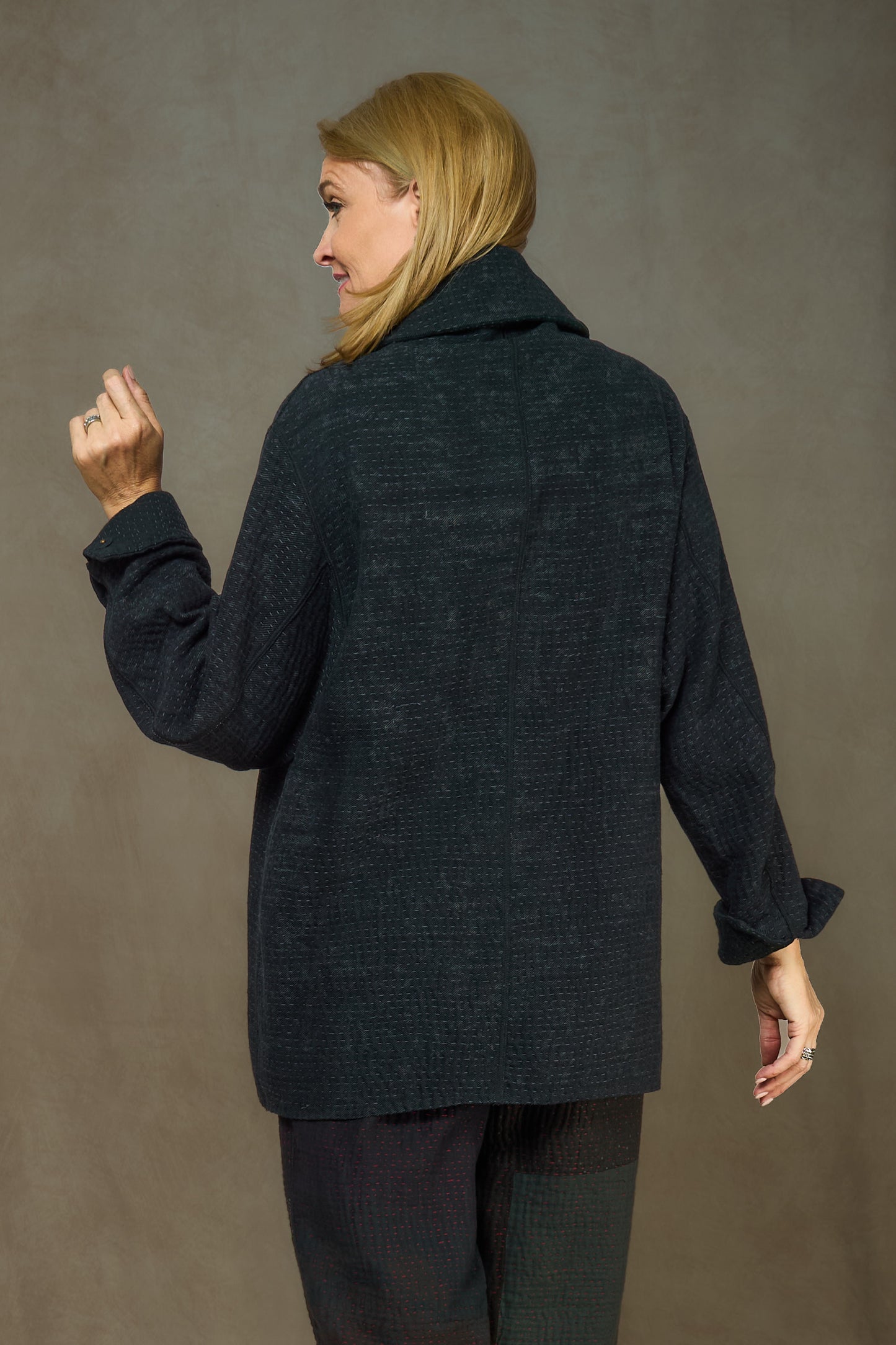 DENIM SUN-DYE KANTHA PEA COAT - ds3349-blk -