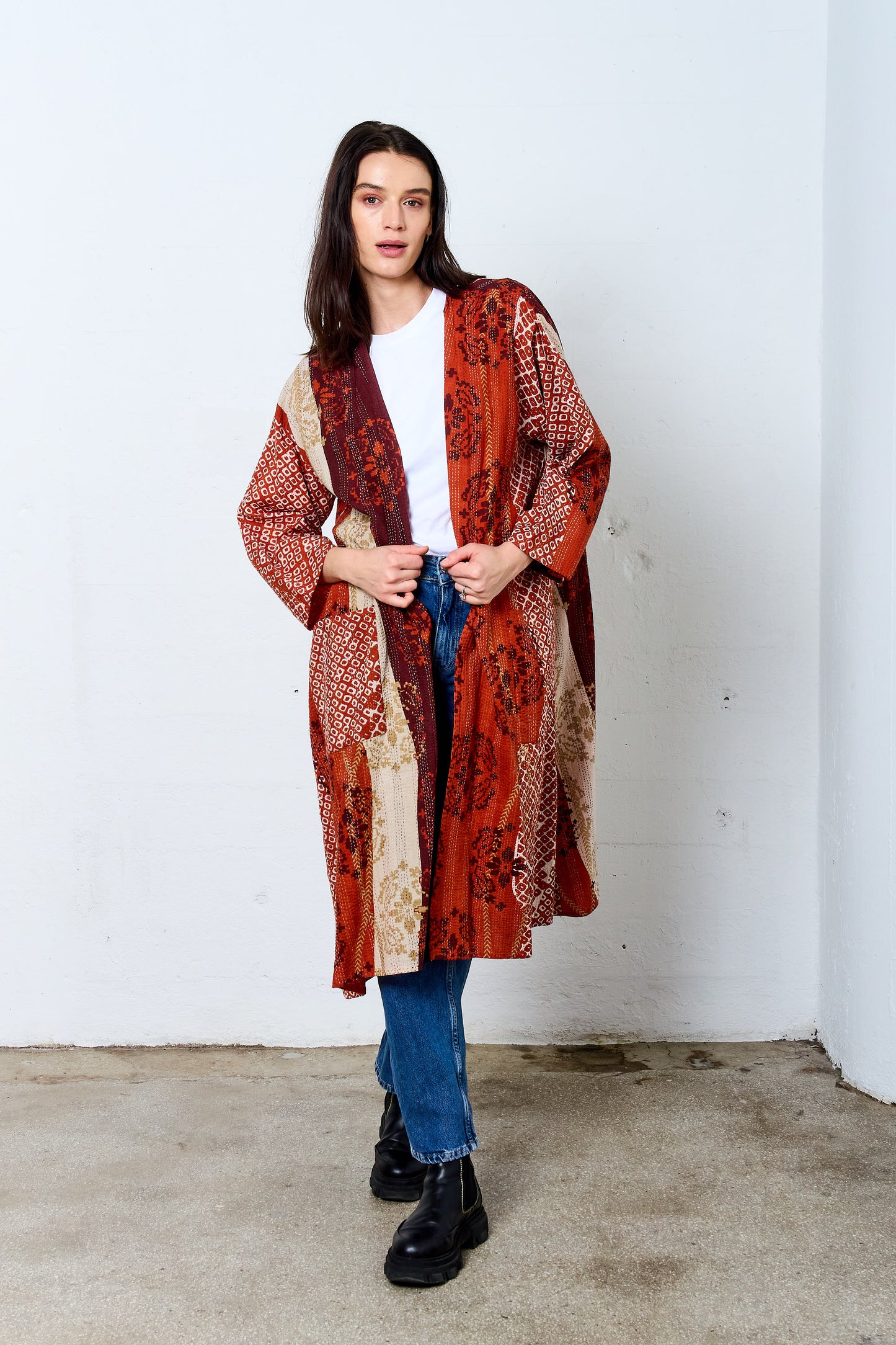 KIMONO COTTON KANTHA LONG DUSTER - kc2328-org -