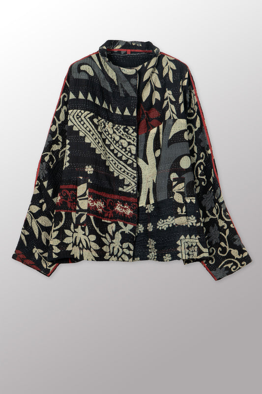 BLACK AND WHITE PRINT PATCH KANTHA HIGH-NECK CROPPED JACKET - pn4095-blk -