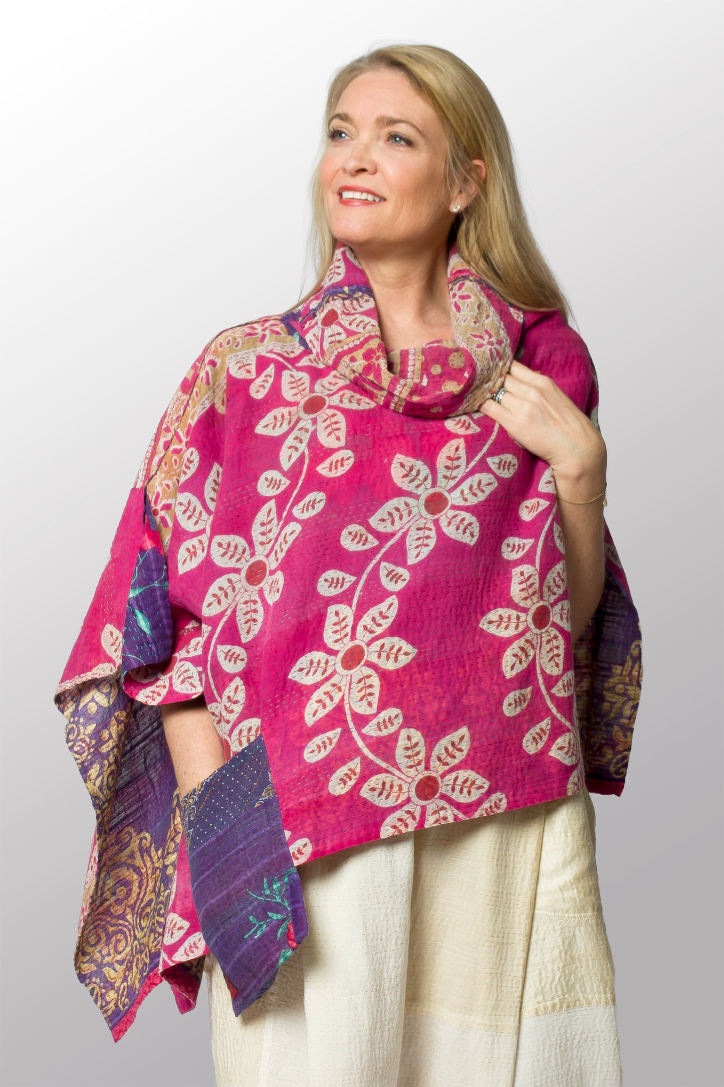VINTAGE COTTON KANTHA COWL NECK LONG CAPE
