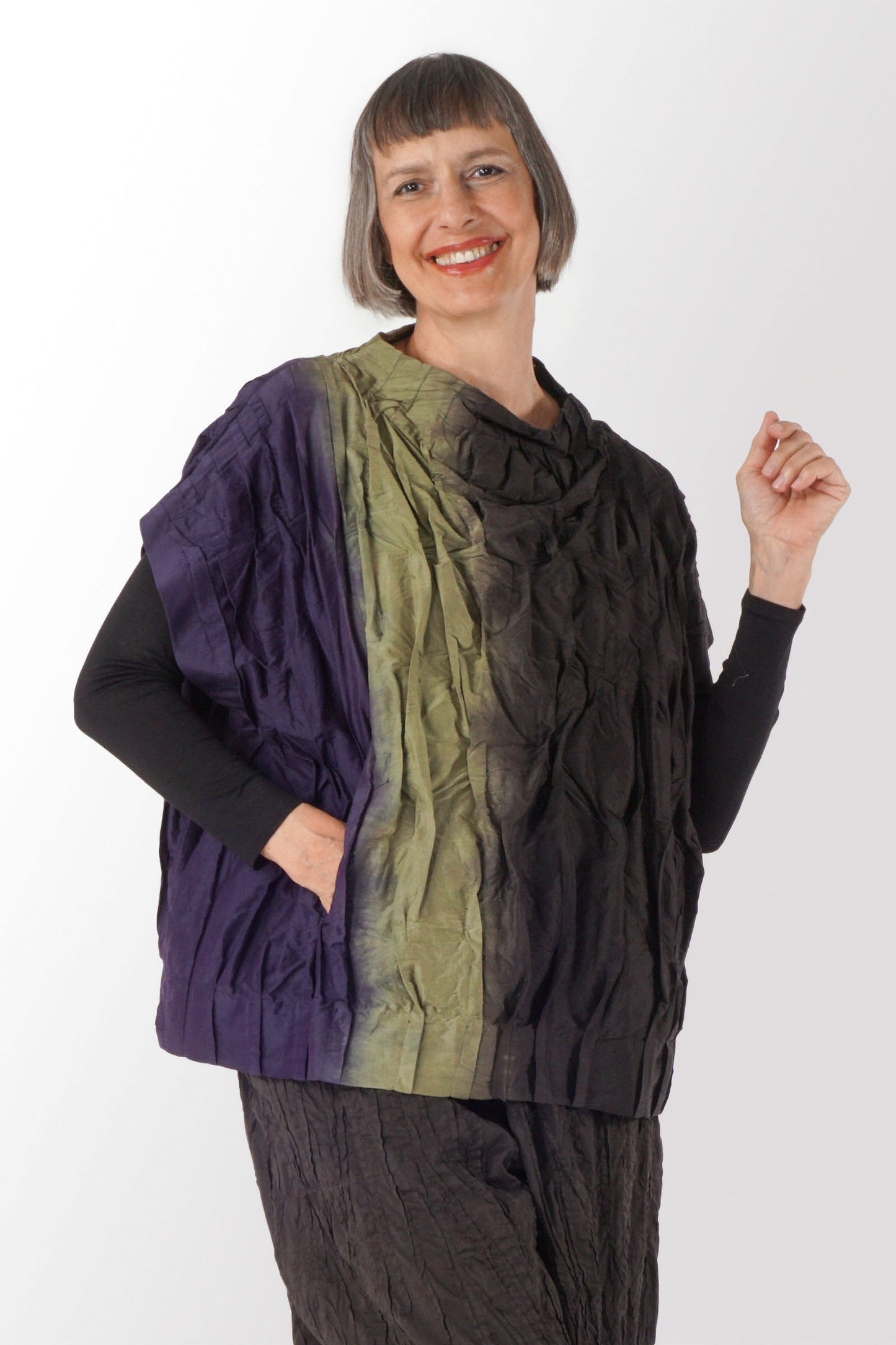 DYED COTTON SILK HEAVY VOILE WAVY TUCK PULLOVER VEST - dh1242-ogr -