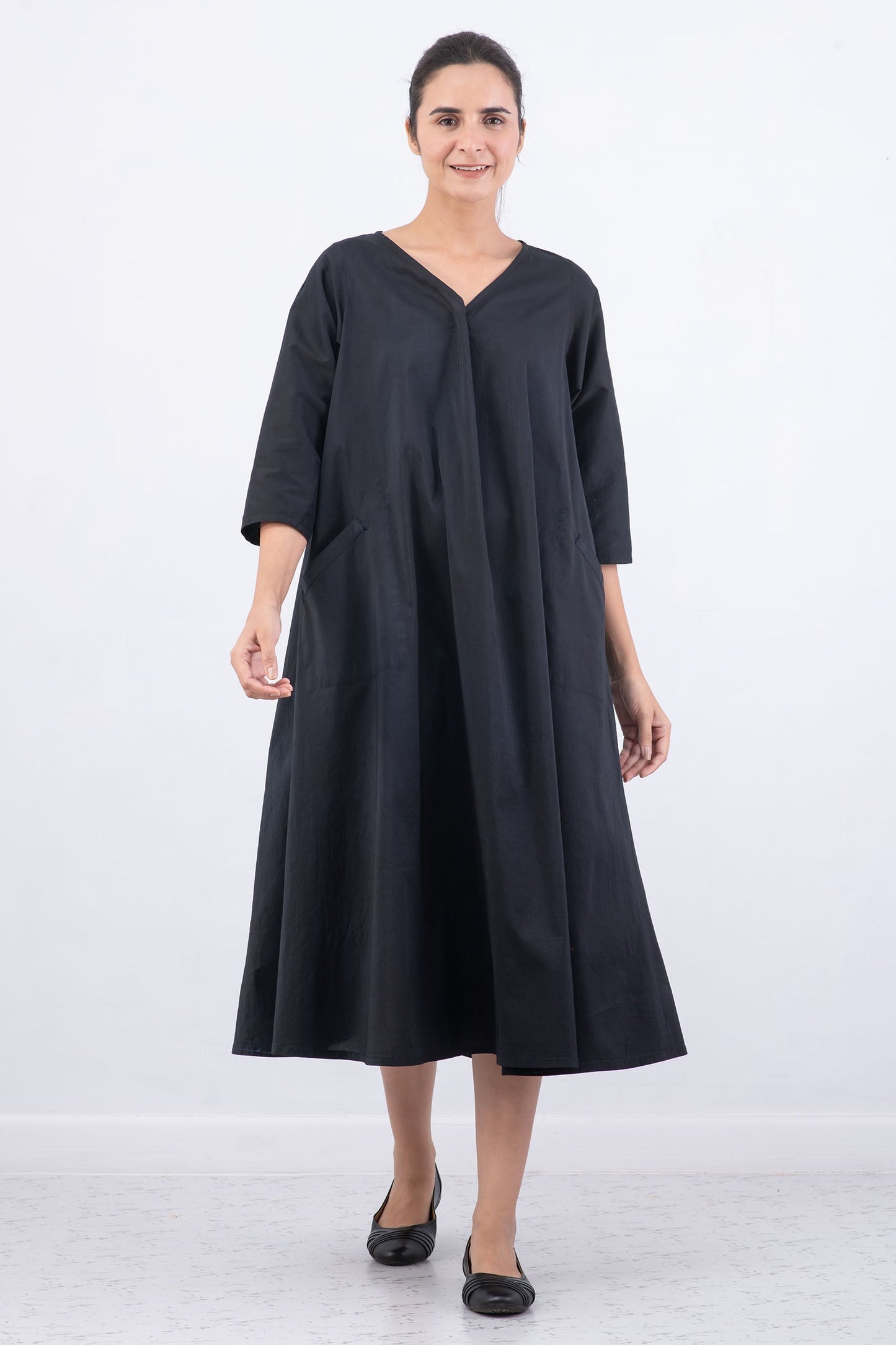 DYED COTTON SILK HEAVY VOILE WAVY V-NECK MAXI WITH SLEEVES NEW STYLE PATTERN - dh1441-blk -