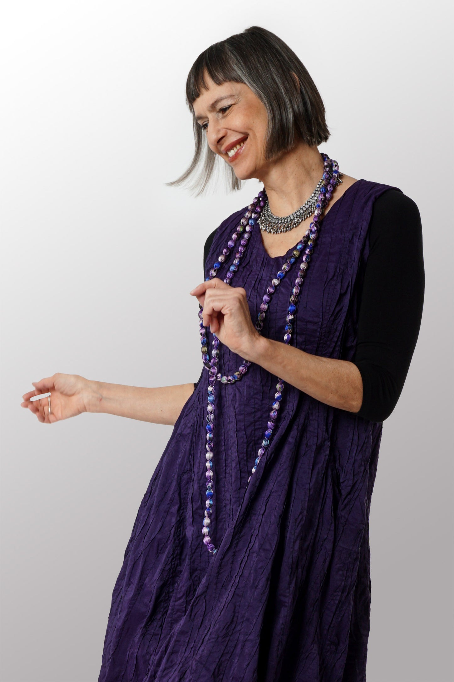 DYED COTTON SILK HEAVY VOILE RANDOM TUCK V-NECK BALLOON DRESS - dr1451-prp -