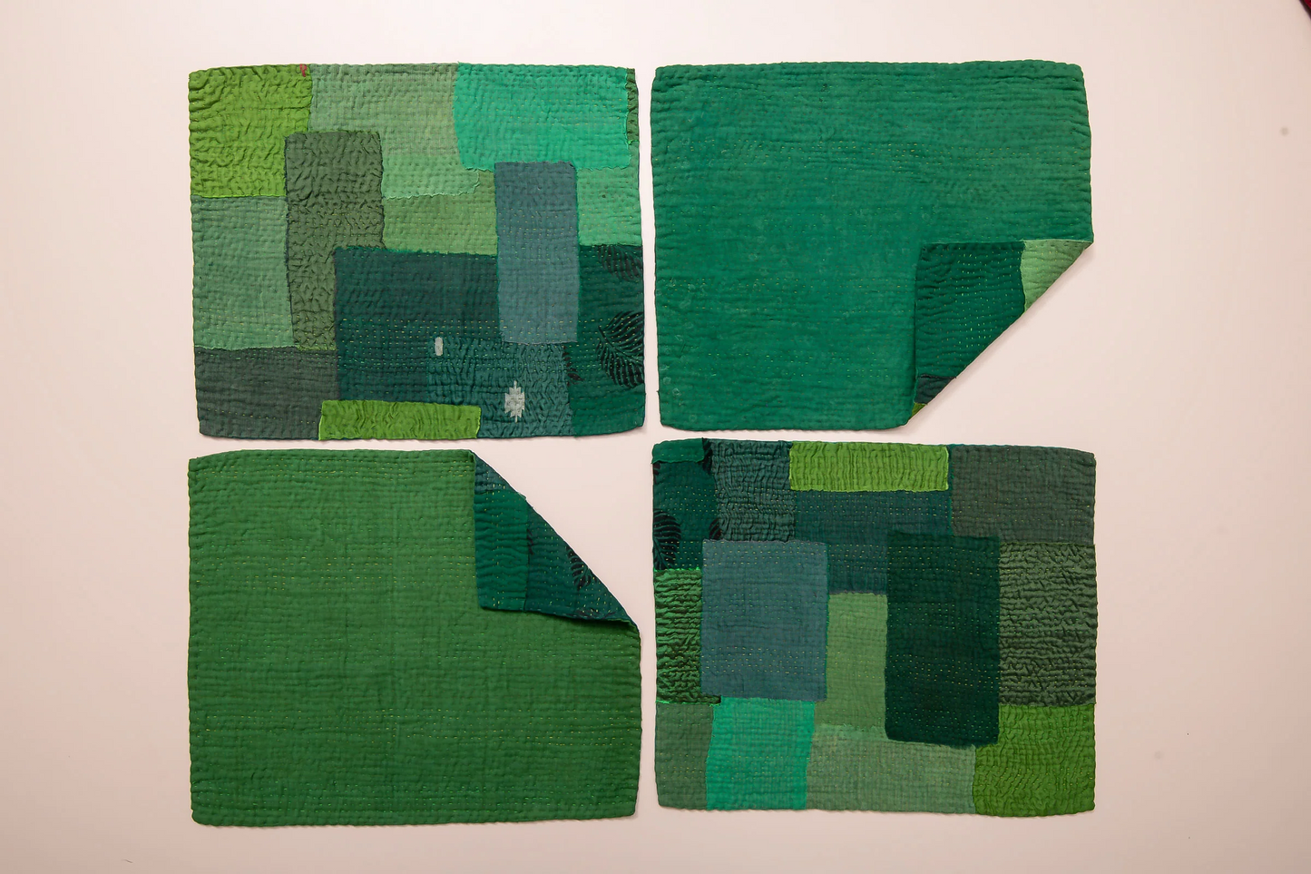 Landscape Handmade Vintage Kantha Placemat -Lime Green (SET OF 2)