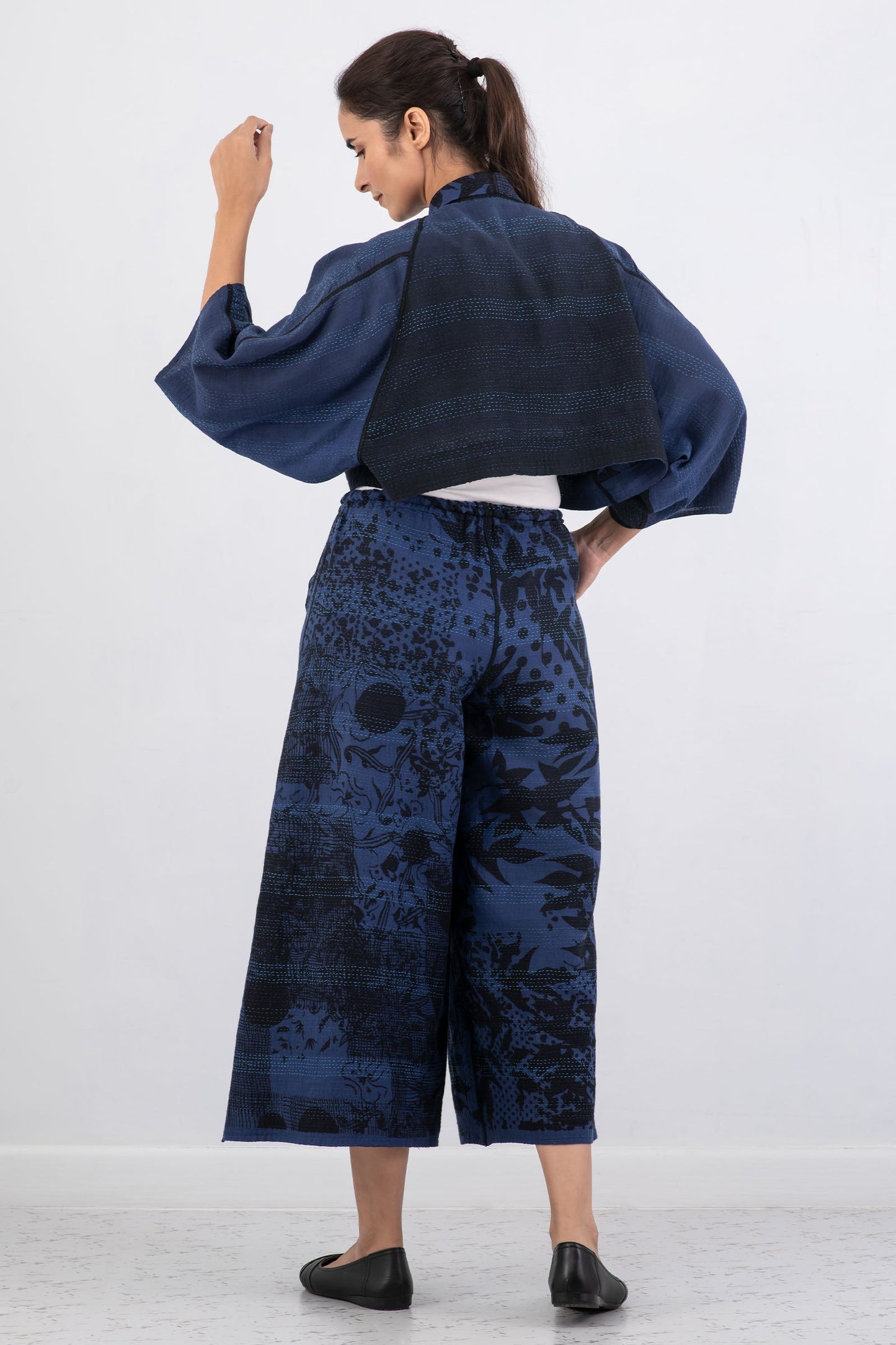 MONOTONE TWILIGHT PRINT KANTHA PUFF SLV. SHRUG - tp2062-nvy -