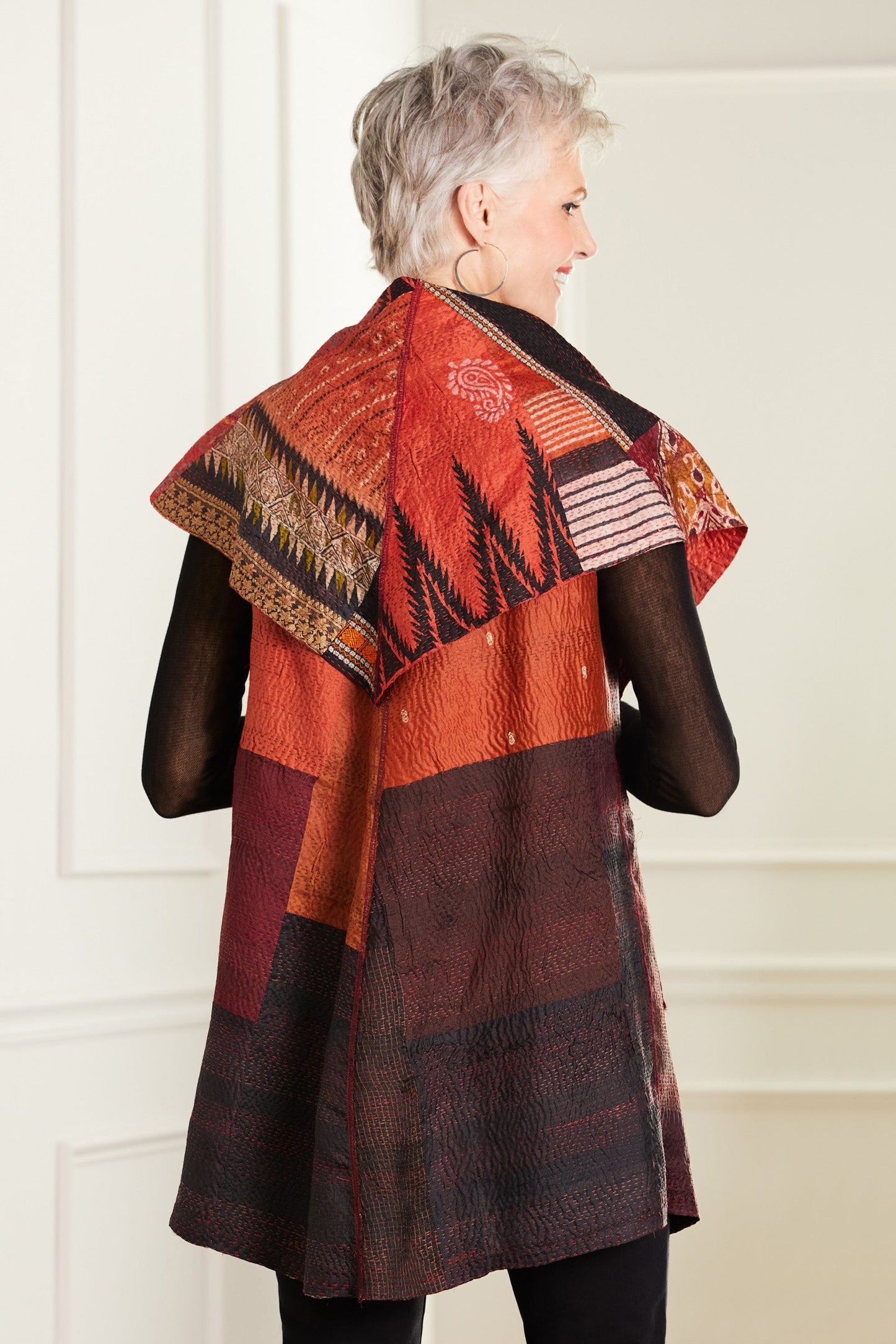 VINTAGE SILK PATCH KANTHA CIRCULAR VEST - vp2201-org -