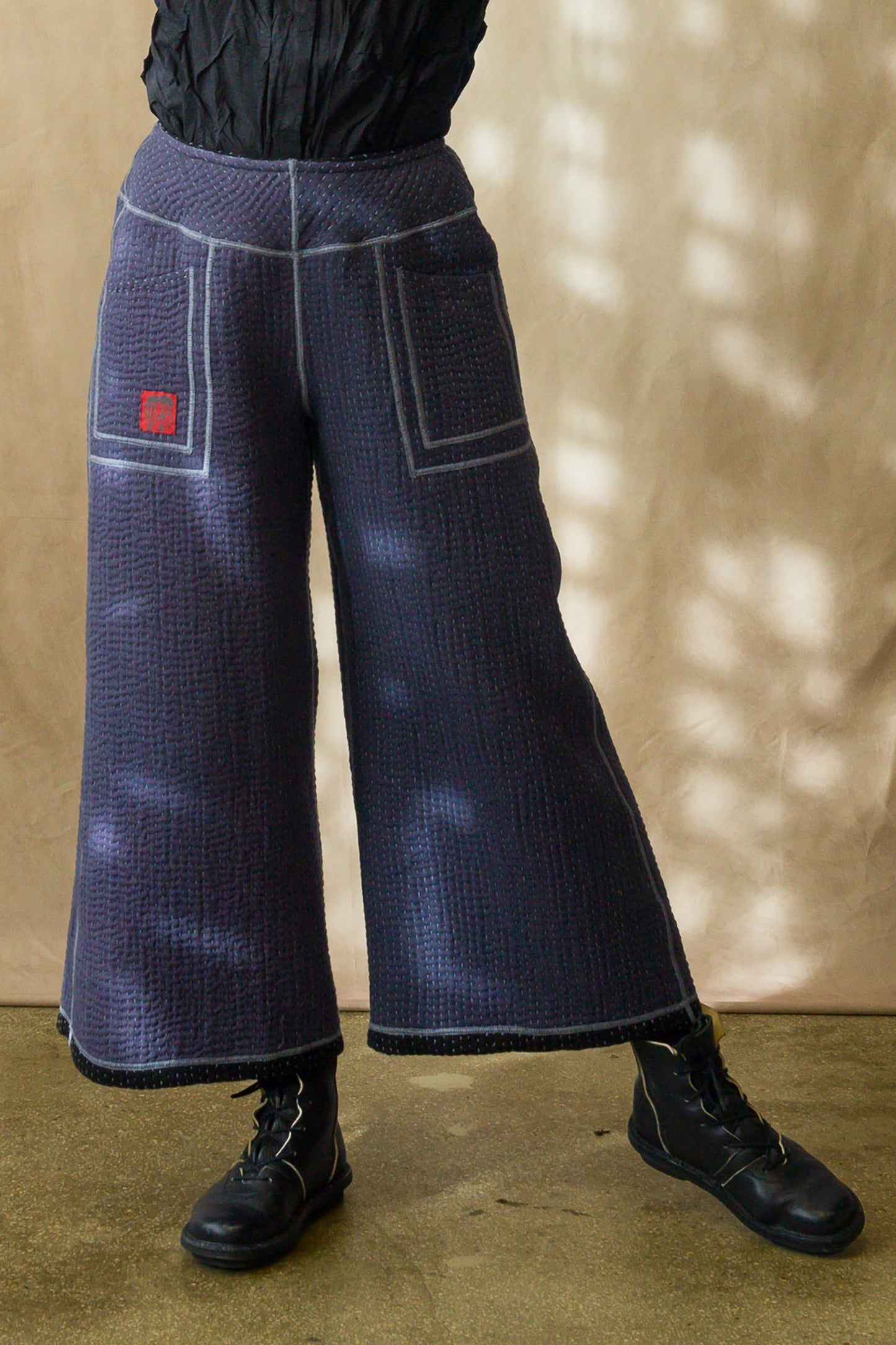 BBK SOLID KANTHA MID RISE WIDE LEG PANTS - bl-bbs6665-blk -