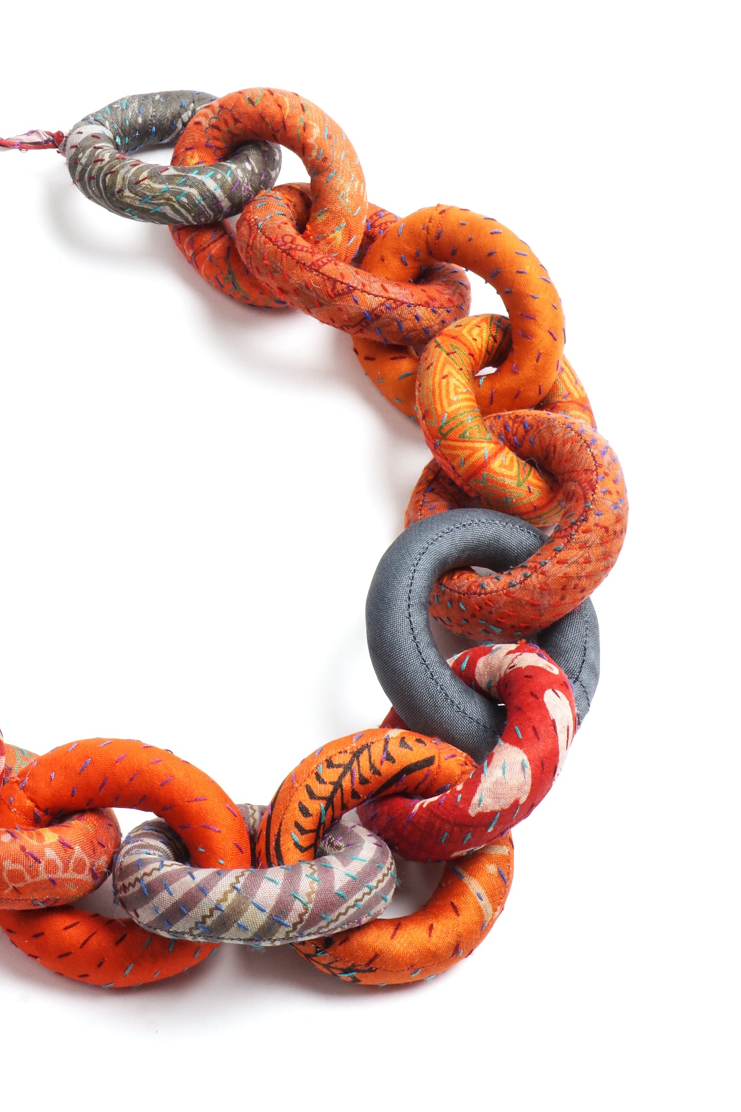 VINTAGE SILK KANTHA CHAIN NECKLACE - sv2724-org -
