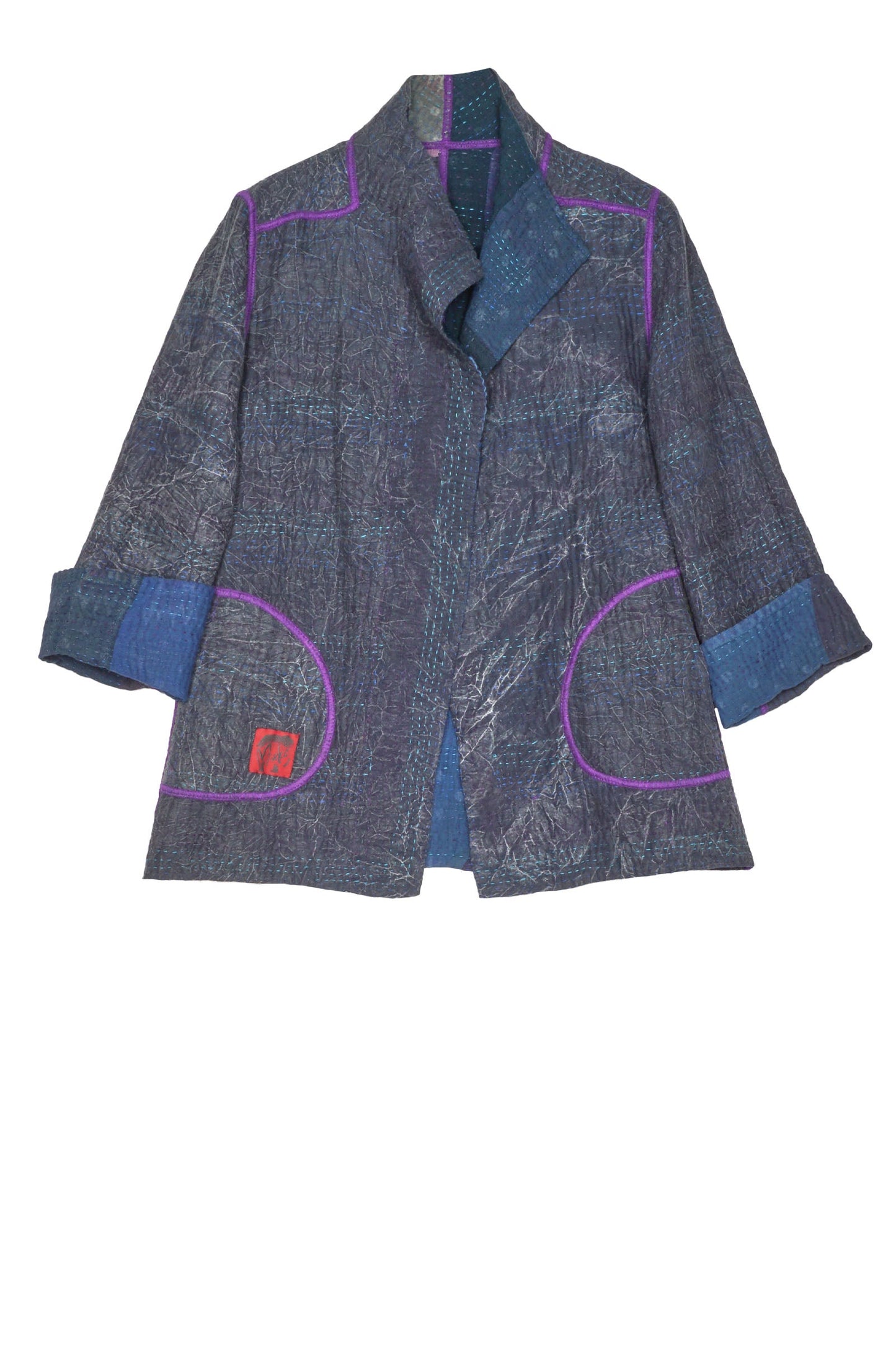 INDIGO PATCHED KANTHA SHORT JKT - ip4007-nvy -