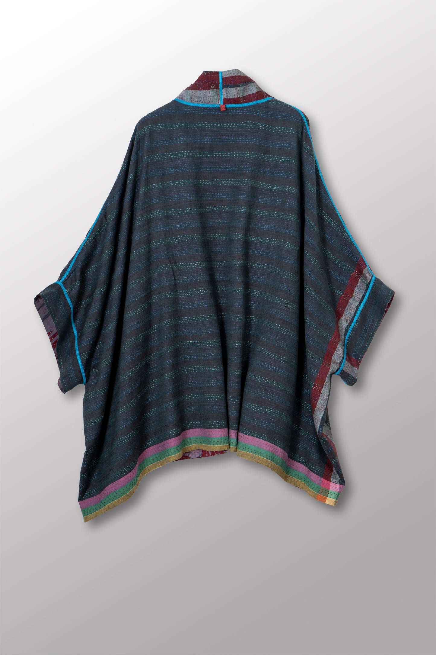 VINTAGE SILK GEORGETTE COTTON KANTHA DOUBLE COLLAR PONCHO - gc2323-0003a -