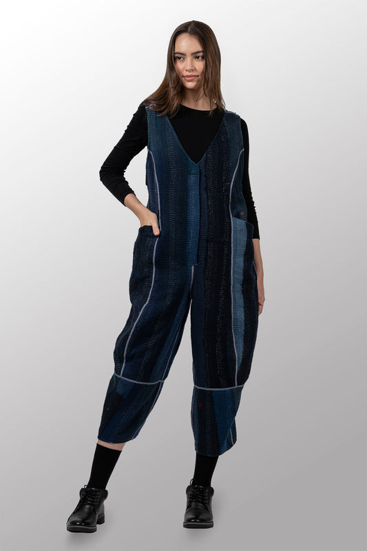 COTTON STRIPE PATCH KANTHA SHAPED V-NECK JUMPER - cs4658-nvy -