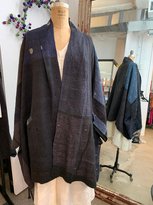 JAIPUR PATCH KANTHA DOUBLE COLLAR PONCHO - jp4323-blk -