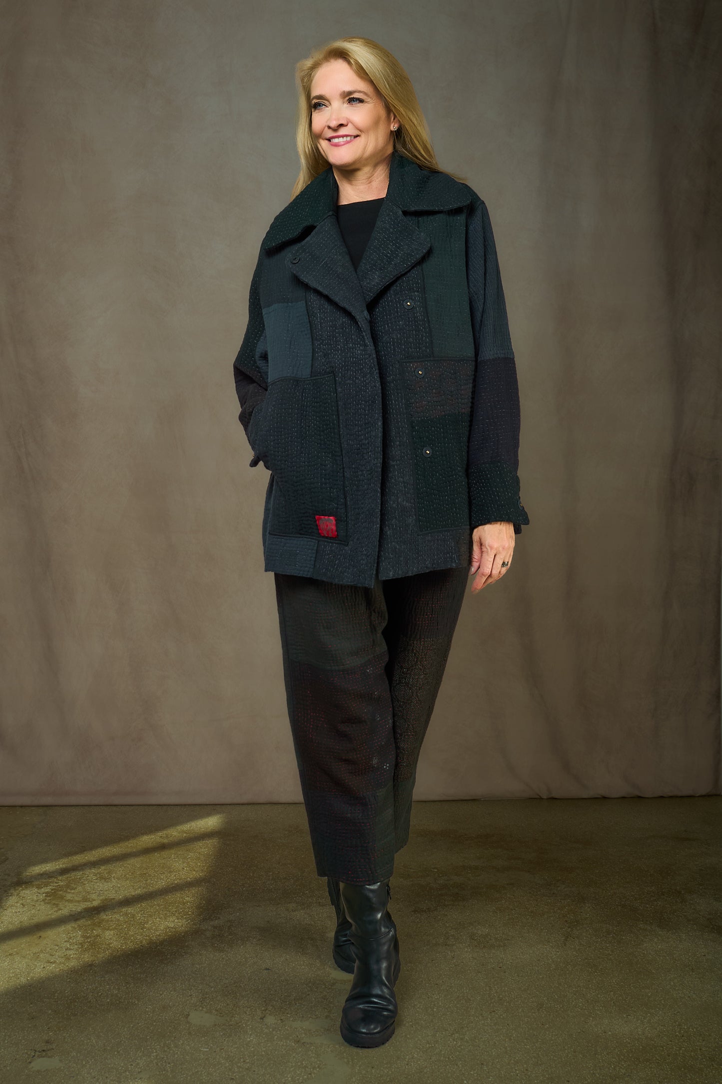 DENIM SUN-DYE KANTHA PEA COAT - ds3349-blk -