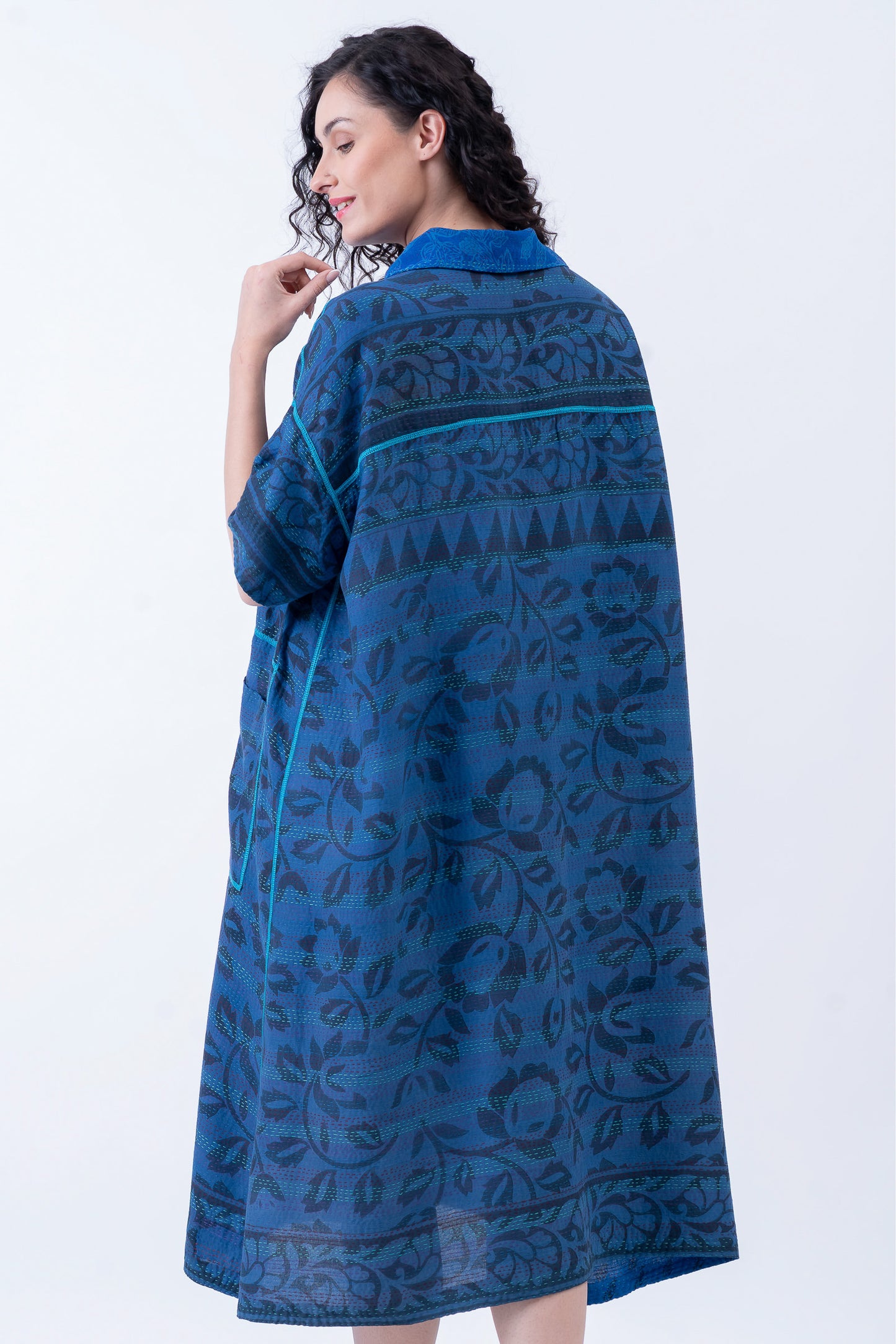 VINTAGE SILK GEORGETTE COTTON KANTHA WING COLLAR DRESS - gc2454-0001a -