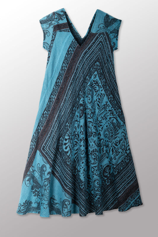 OVERDYED COTTON PAISLEY KANTHA CAP SLV. FLARE DRESS - ov-cp2425-blu -