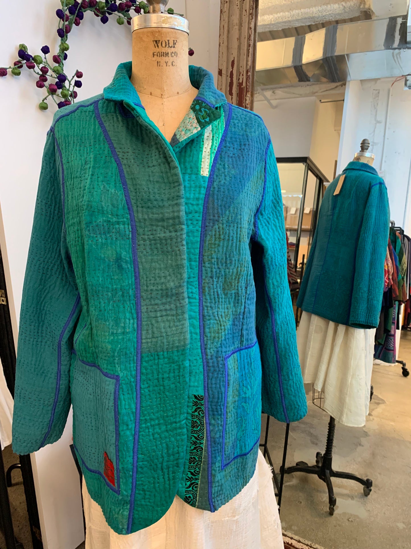 COTTON SILK SW PATCH KANTHA BASIC JACKET - ws4052-tel -