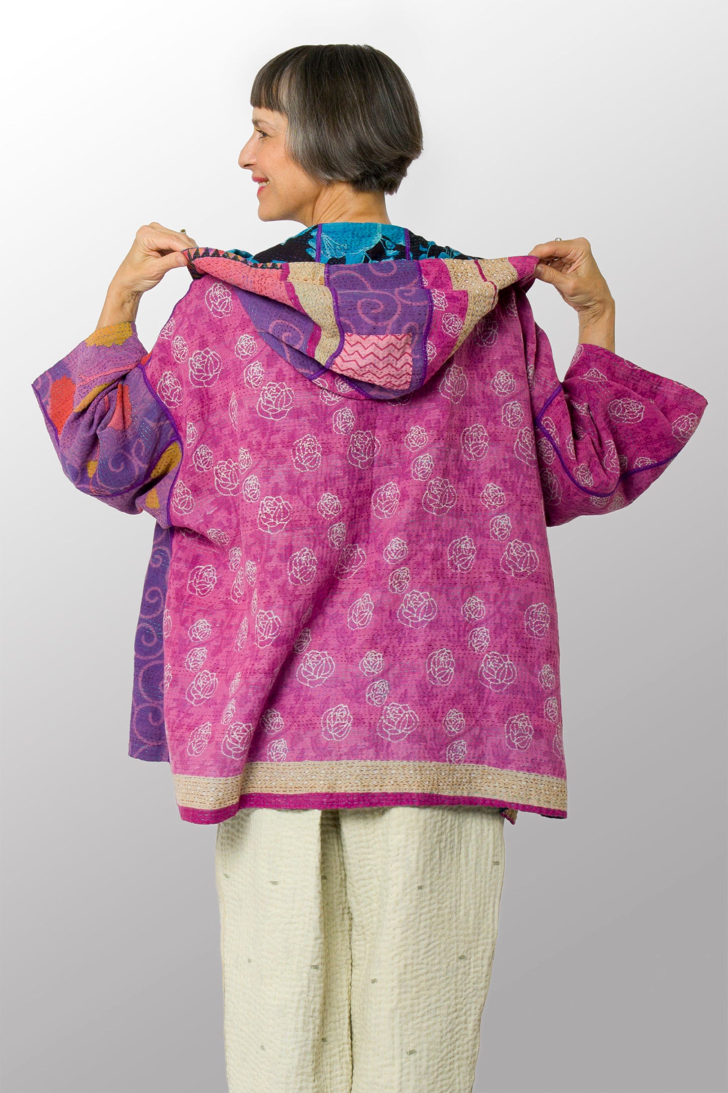 VINTAGE COTTON KANTHA HOODIE PONCHO - cv2064-0007a -
