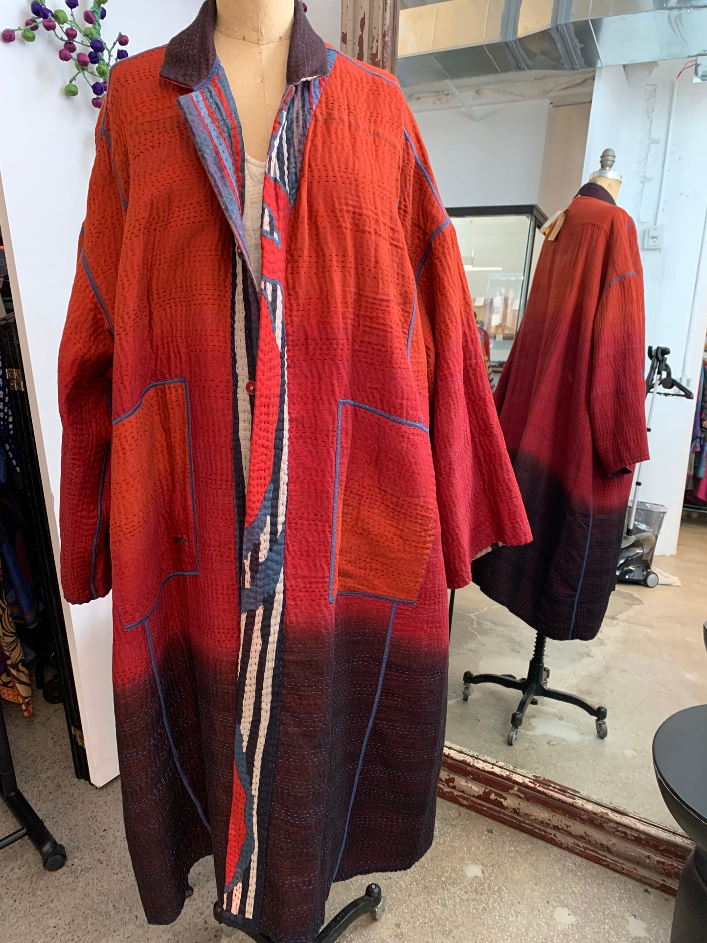 STRIPE AND BENDS KANTHA NEW OVERSIZED COAT - sb4342-red -