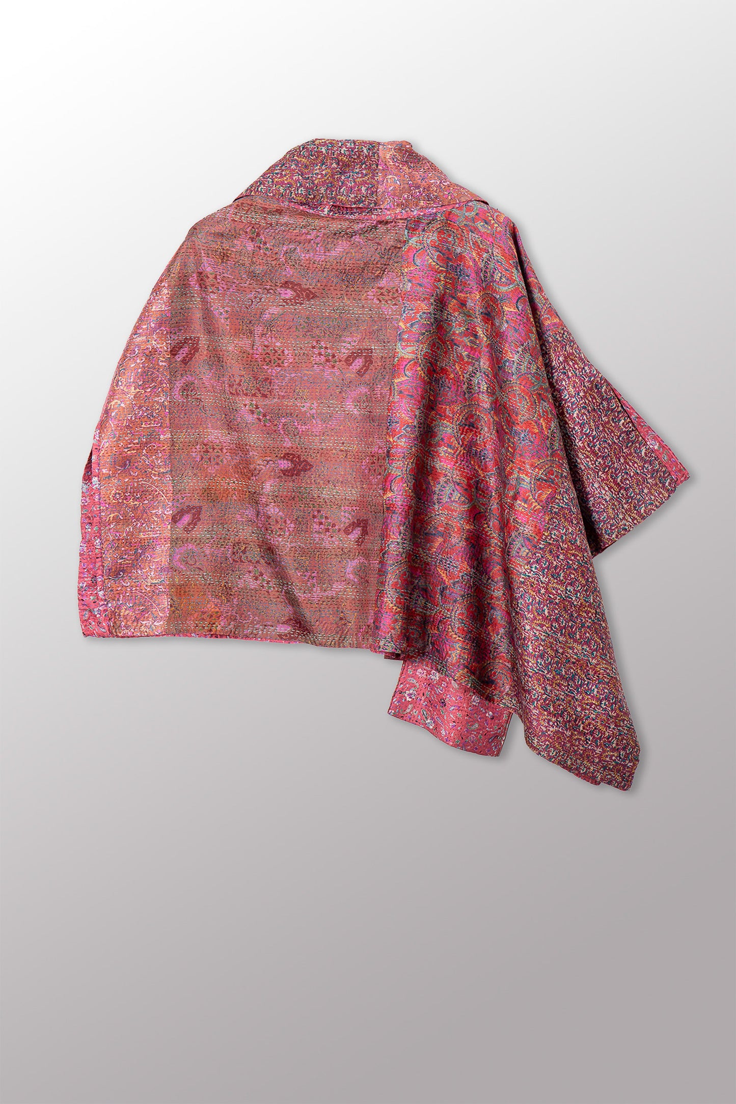 VINTAGE SILK KANTHA COWL NECK LONG CAPE - sv2842-0021a -