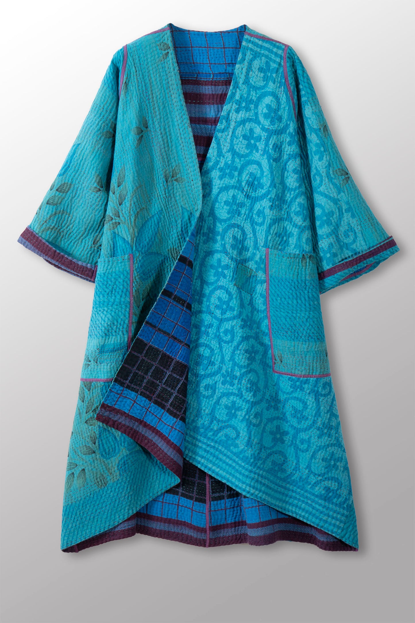 COTTON OVERDYE KANTHA WRAP FLARE COAT - ov4330-ctel004a -