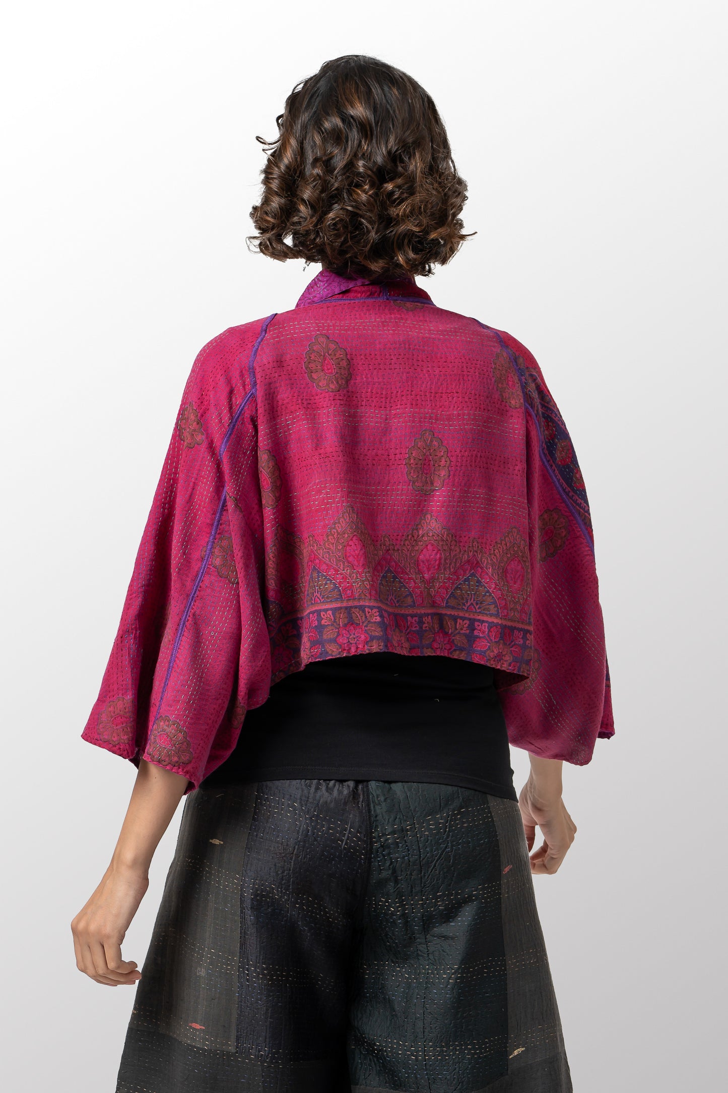 VINTAGE SILK GEORGETTE COTTON KANTHA PUFF SLV. SHRUG - gc2062-0002a -