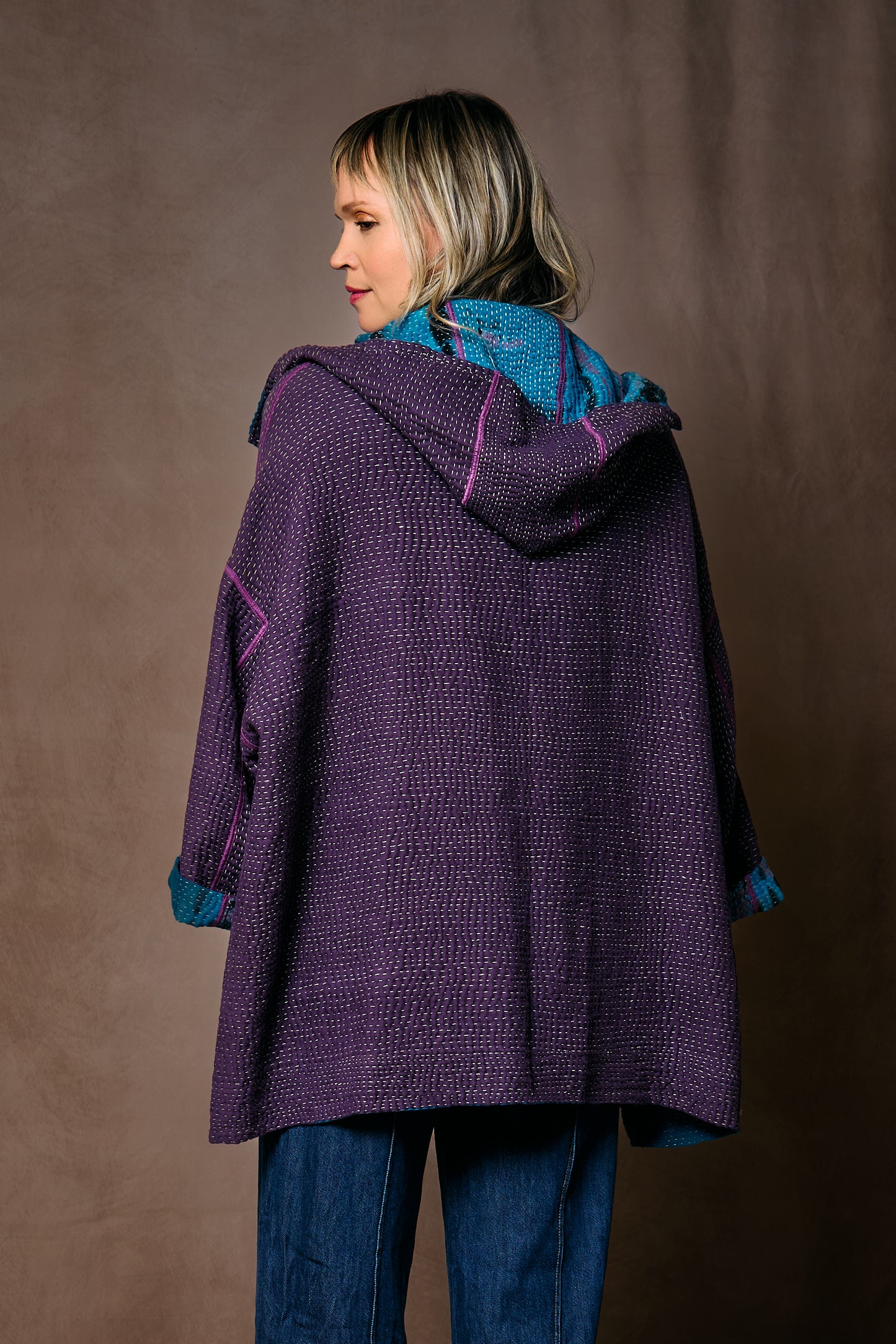 MONE SHIBORI TIE DYE KANTHA HOODIE PONCHO - ms5064-tuq -