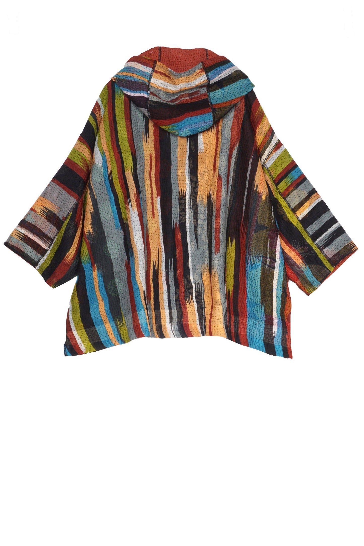 IKAT STRIPE KANTHA HOODIE PONCHO - is4064-red -