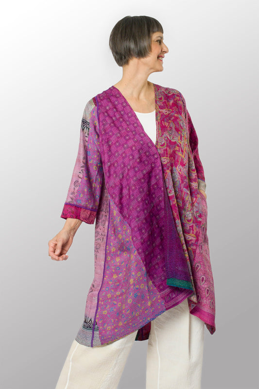 VINTAGE SILK KANTHA WRAP FLARE COAT - sv2330-0005a -