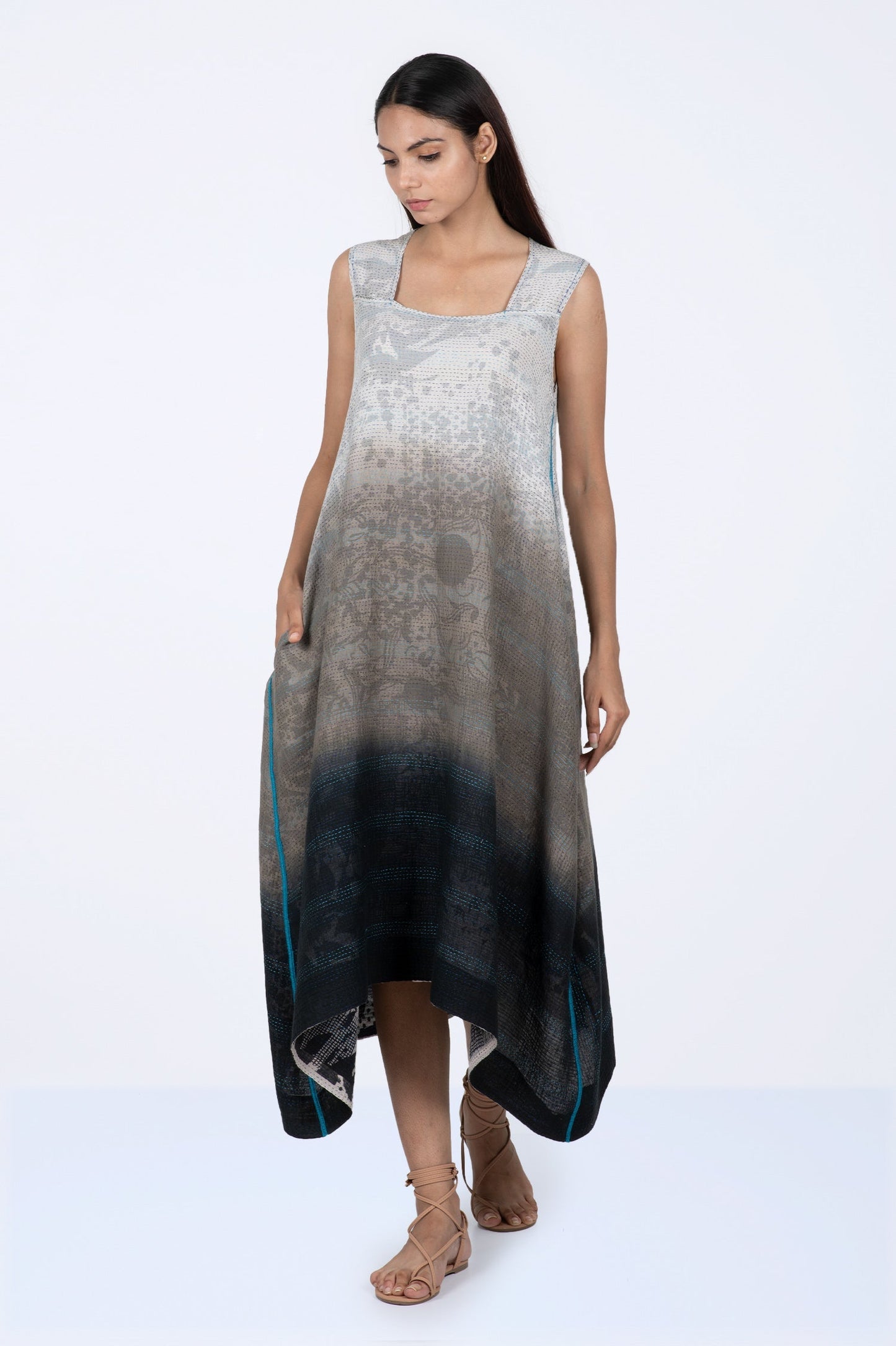 MONOTONE TWILIGHT PRINT KANTHA TENT DRESS - tp2413-wht -
