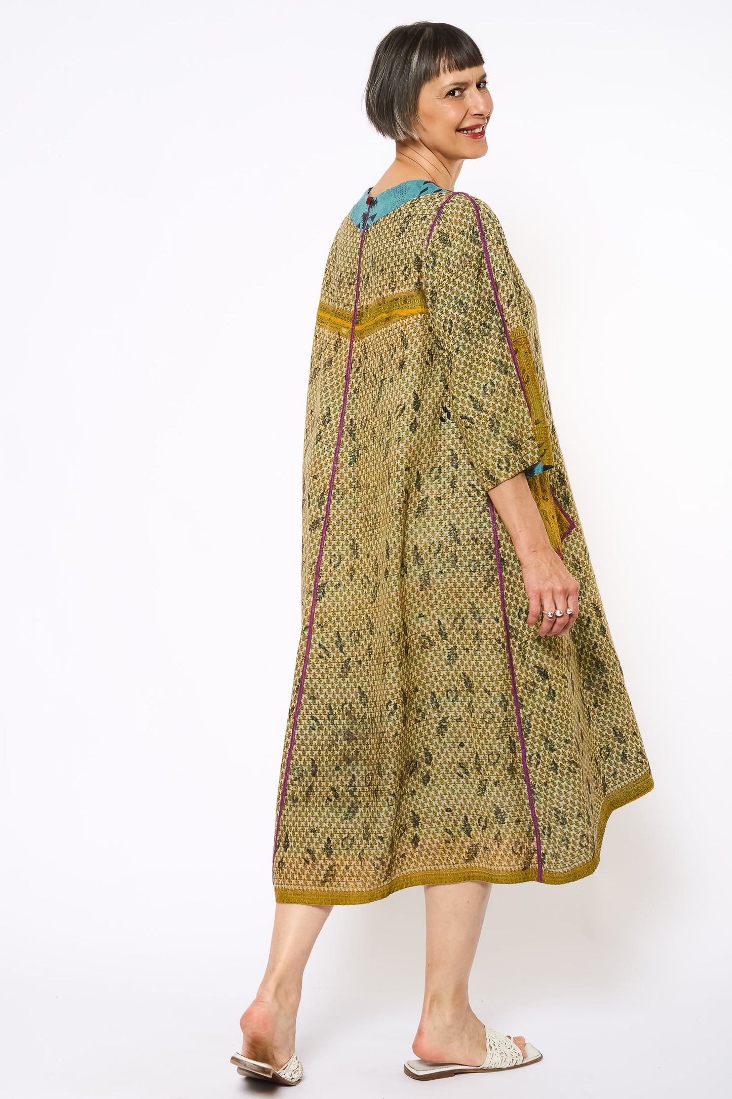 VINTAGE COTTON KANTHA V-NECK FLARE DRESS - cv2457-0003m -
