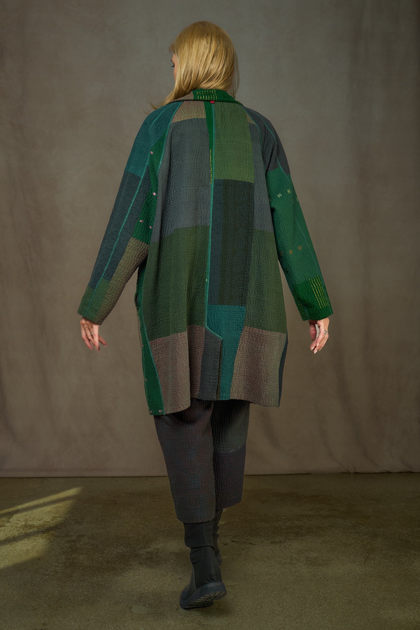 DENIM SUN-DYE KANTHA NEW RAGLAN SLEEVE COAT - ds3353-grn -
