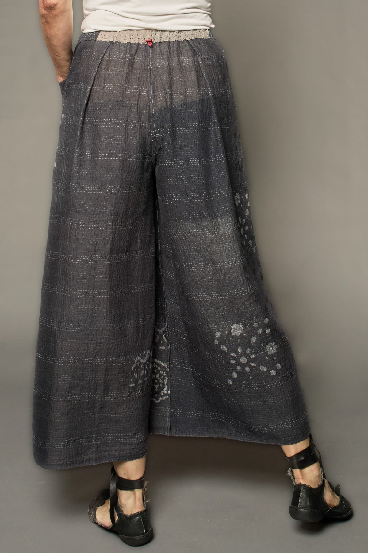 MOSAIC FRAY PATCH KANTHA PLEATED WIDE LEG PANTS - zb2678-gry -