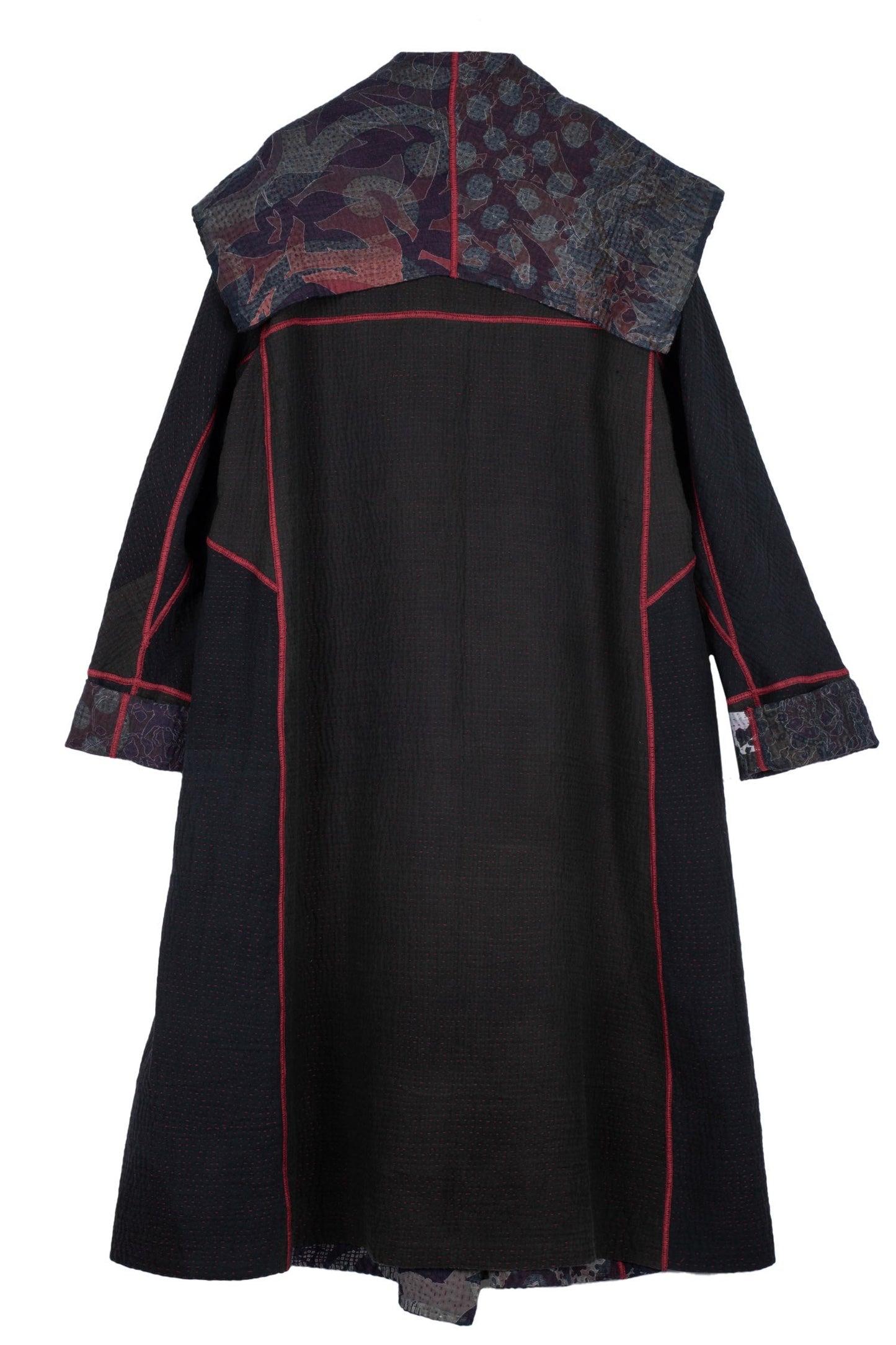 MONOTONE TWILIGHT PRINT KANTHA A-LINE LONG COAT - tp4302-red -
