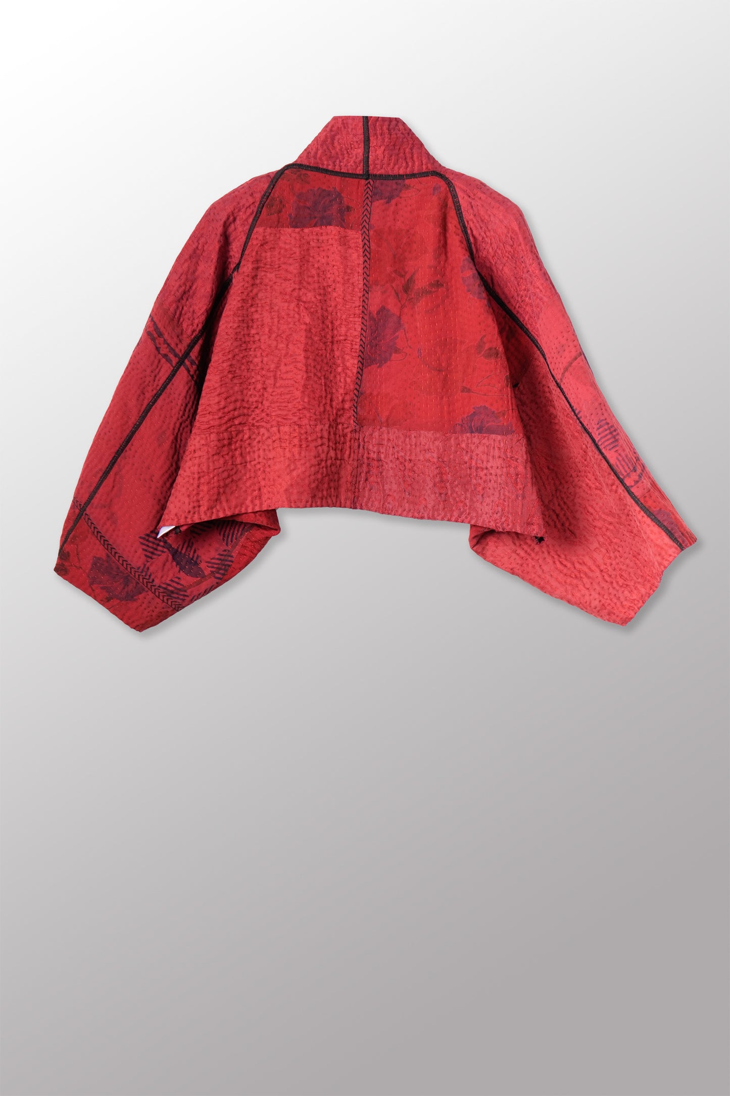GEORGETTE JACQUARD VINTAGE SILK PATCH KANTHA PUFF SLV. SHRUG - gj4062-red -