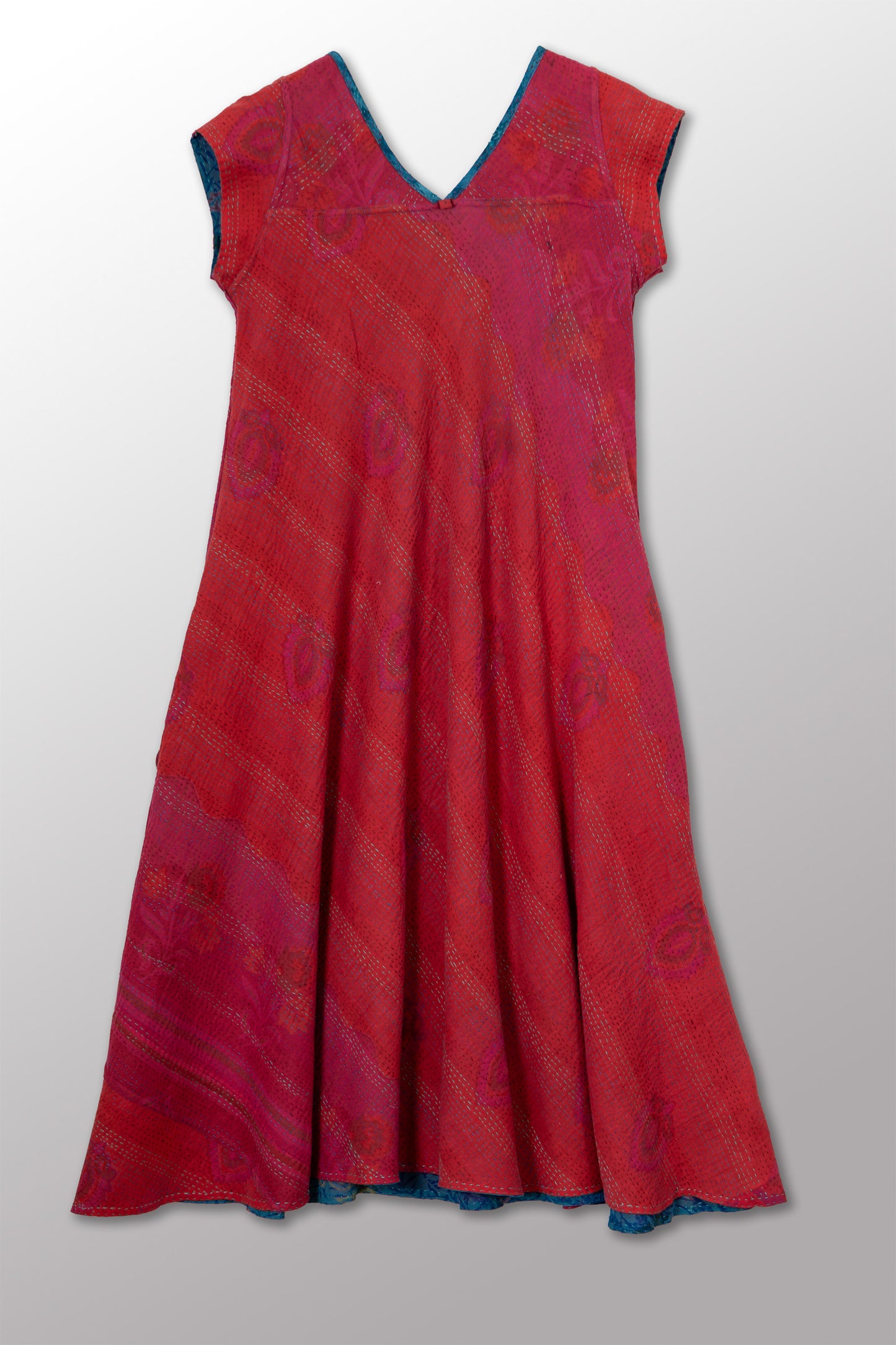 VINTAGE SILK GEORGETTE COTTON KANTHA CAP SLV. FLARE DRESS - gc2425-0004s -